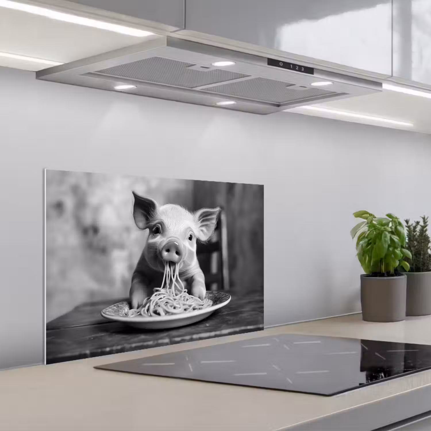 Varken - Schattig - Spaghetti - Zwart wit - Dier keuken achterwand spatscherm klein -3d_schuin