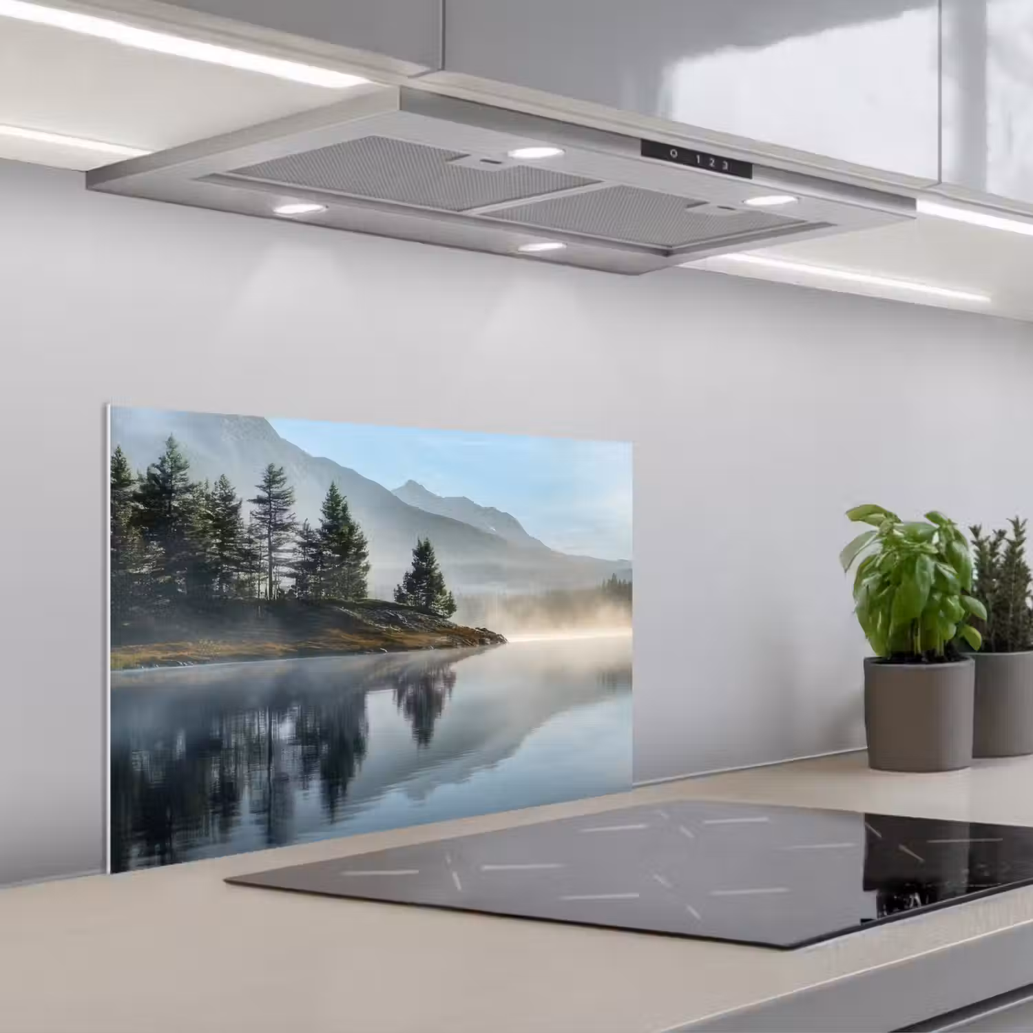 Meer - Mist - Bergen - Landschap keuken achterwand spatscherm klein -3d_schuin
