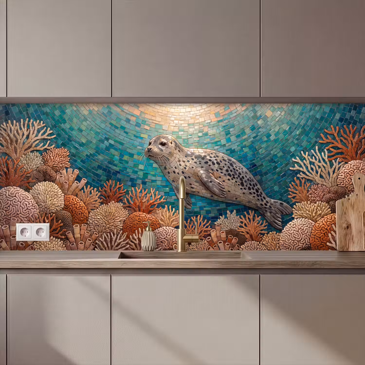 Zeehond - Mozaïek - Onderwater - Dieren - Blauw keuken achterwand 2 middel zz_3dshopping