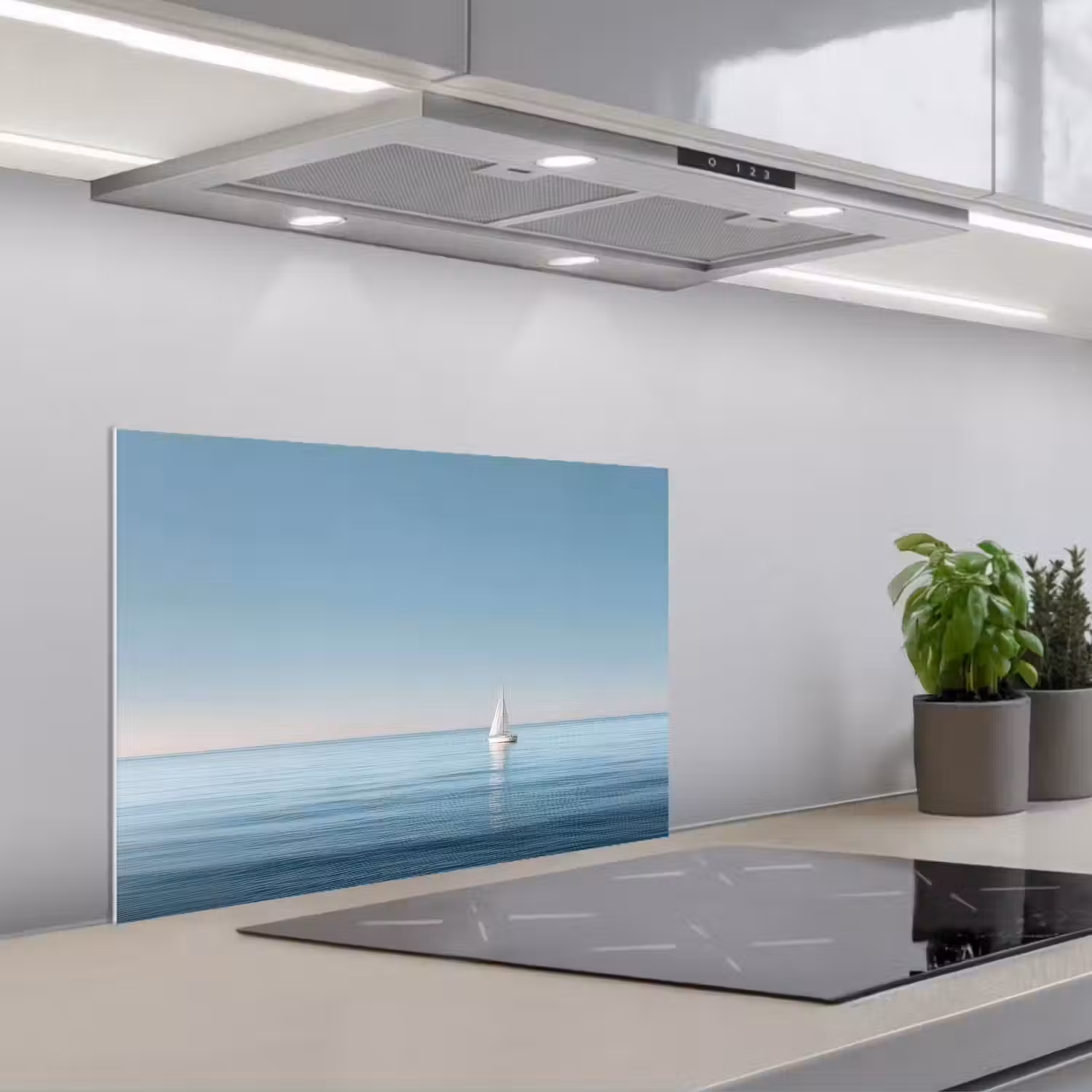 Zeilbootje - Kalme zee - Helderblauwe hemel keuken achterwand spatscherm klein -3d_schuin