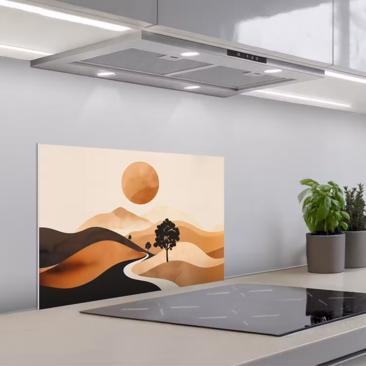 Zon - Heuvels - Boom - Abstract keuken achterwand spatscherm klein -3d_schuin
