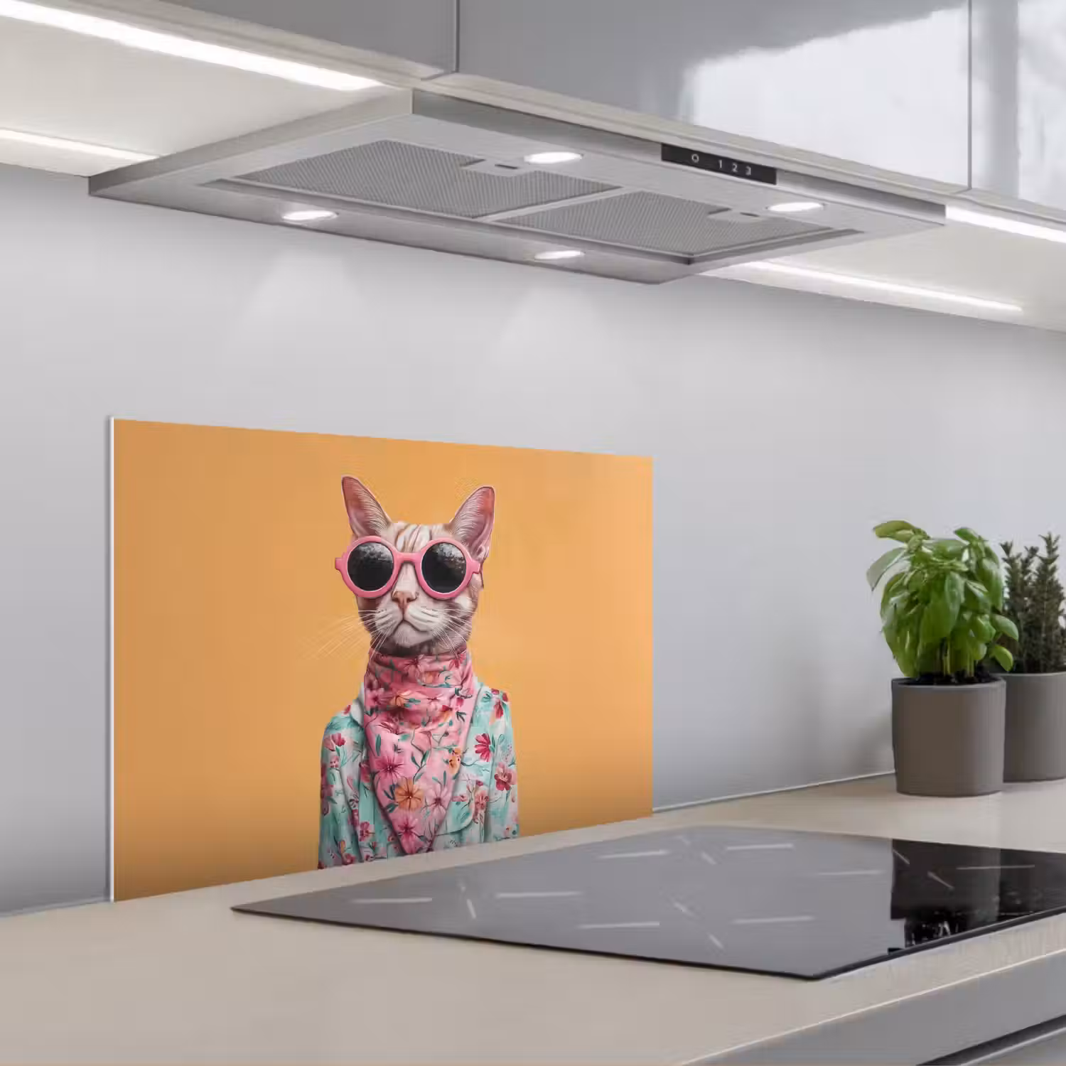 Zonnebril - Kat - Sjaal - Bloemen keuken achterwand spatscherm klein -3d_schuin