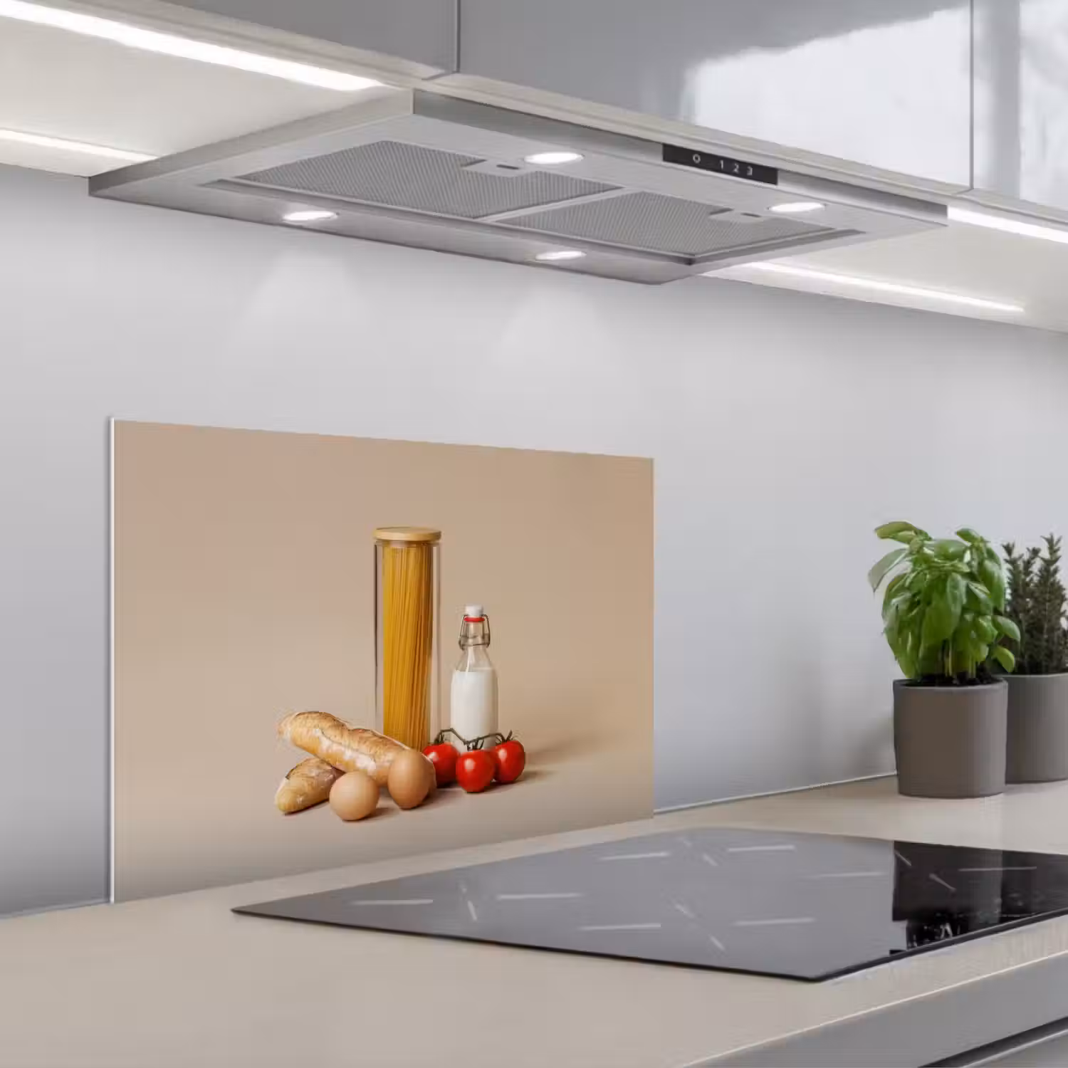 Spaghetti - Melk - Tomaten - Eieren - Brood keuken achterwand spatscherm klein -3d_schuin