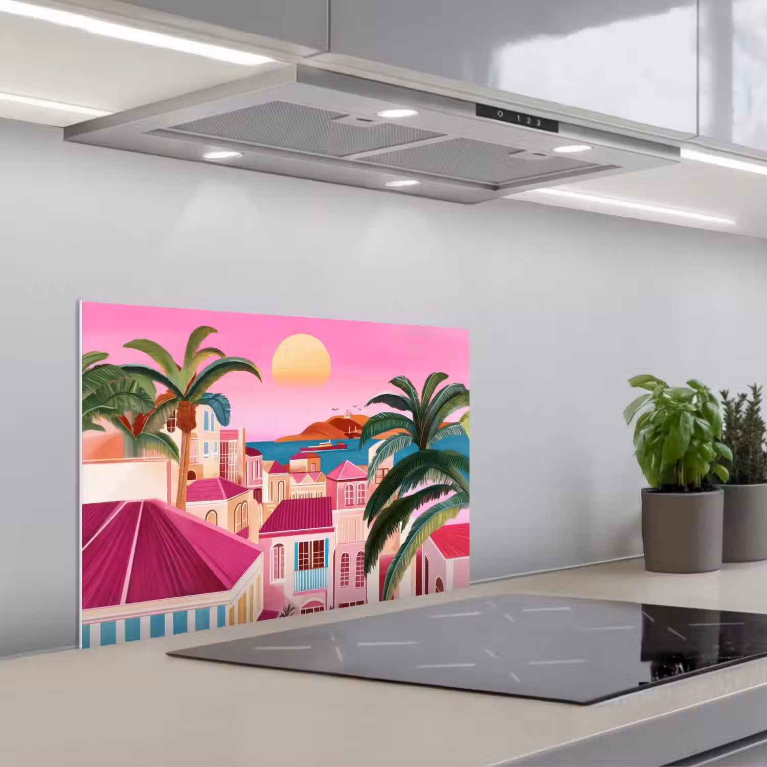 Stad - Roze - Palmbomen keuken achterwand spatscherm klein -3d_schuin
