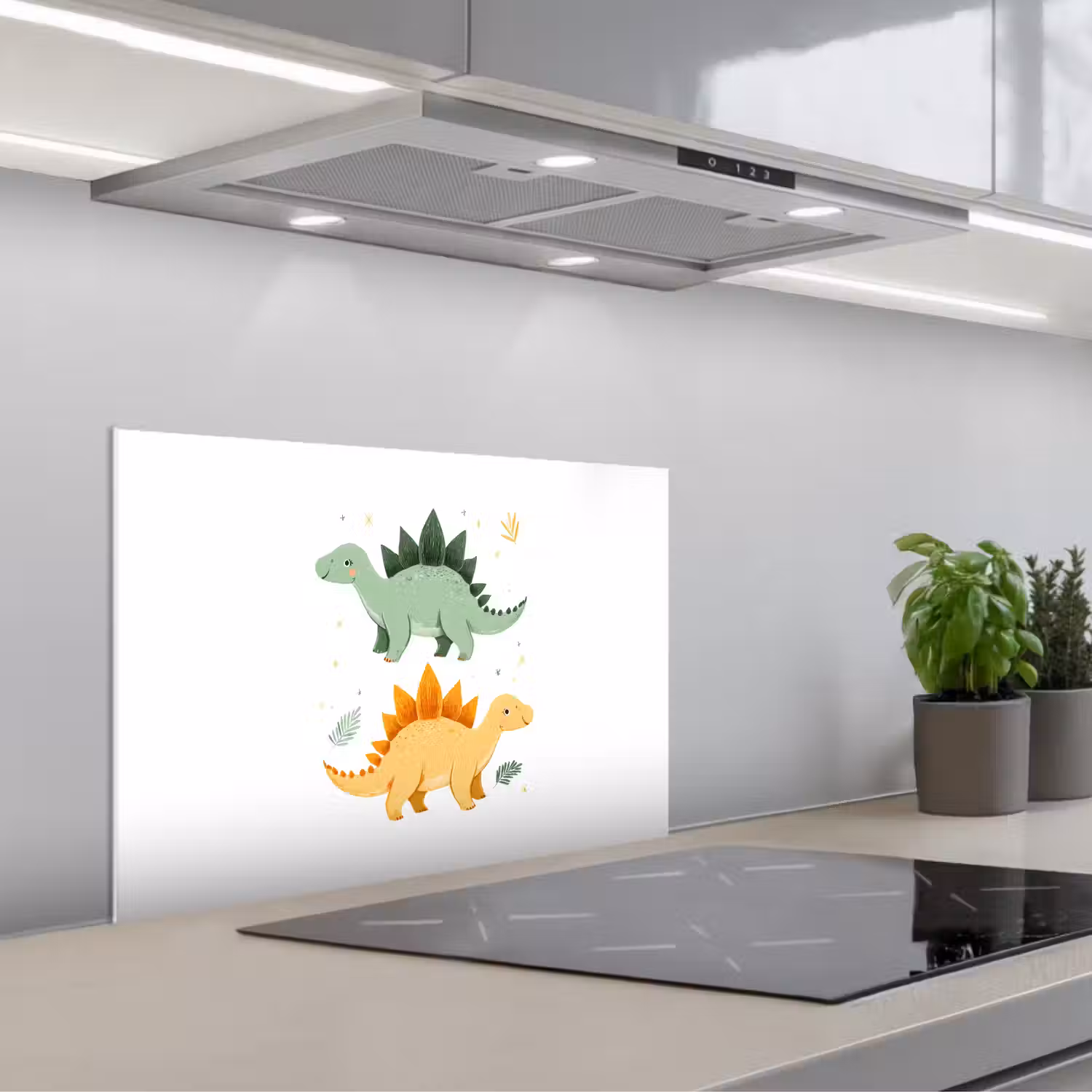Sterren - Stegosaurussen - Blaadjes - Groen keuken achterwand spatscherm klein -3d_schuin