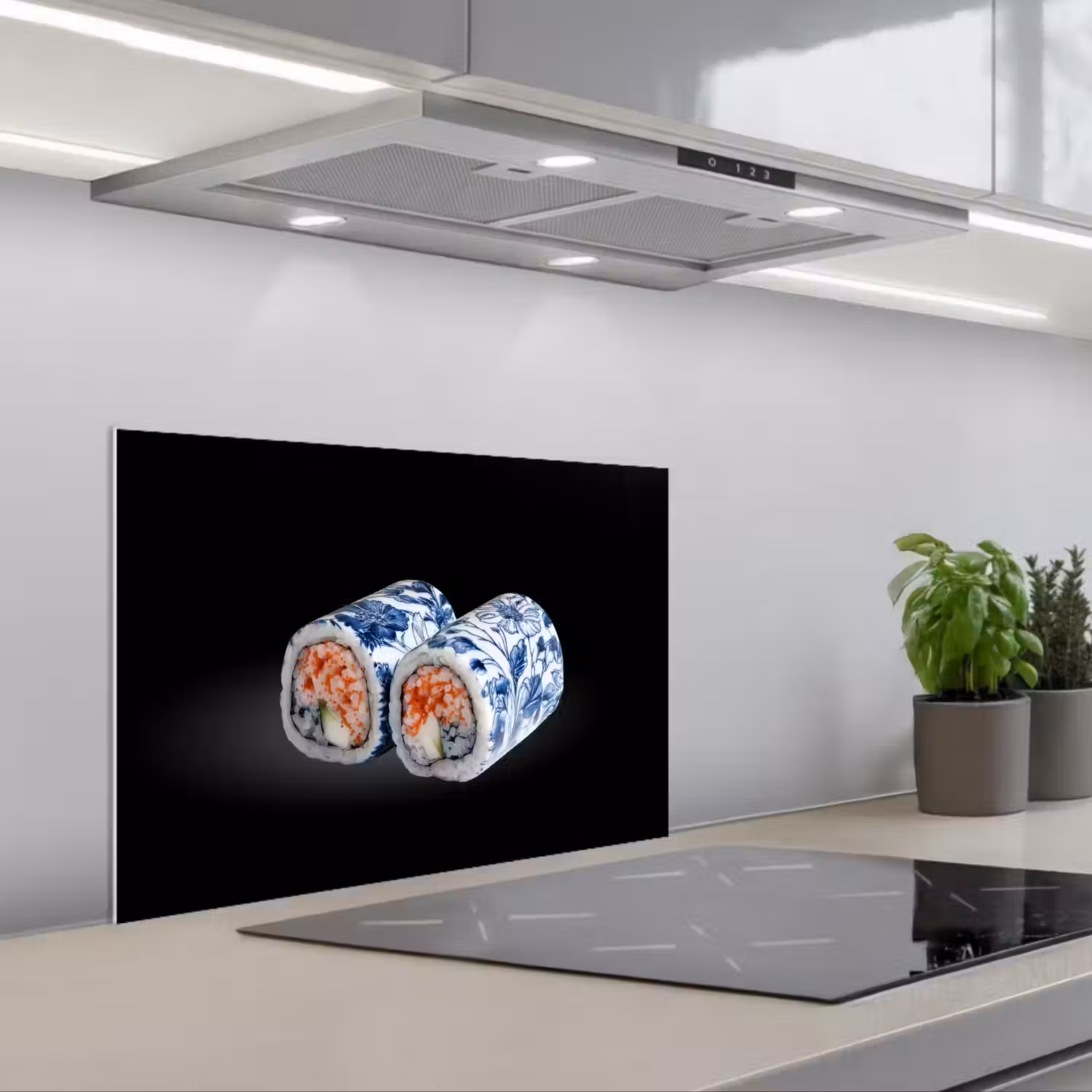 Sushi - Delfts blauw - Rijst - Vis - Elegant keuken achterwand spatscherm klein -3d_schuin