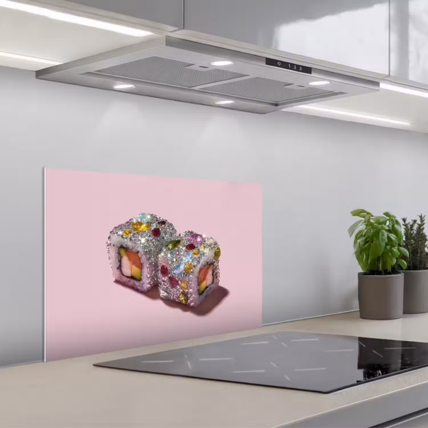 Sushi - Rolletjes - Steentjes - Kleurrijk keuken achterwand spatscherm klein -3d_schuin