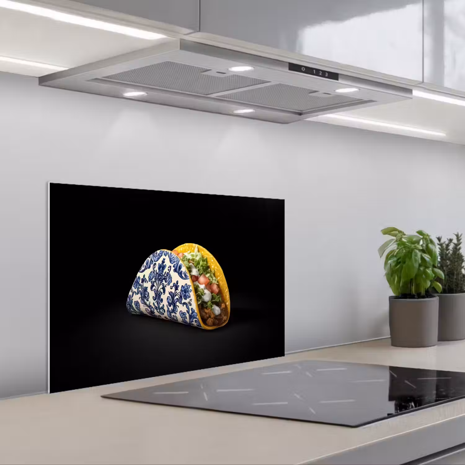 Taco - Vlees - Salade - Delftsblauw - Motief keuken achterwand spatscherm klein -3d_schuin