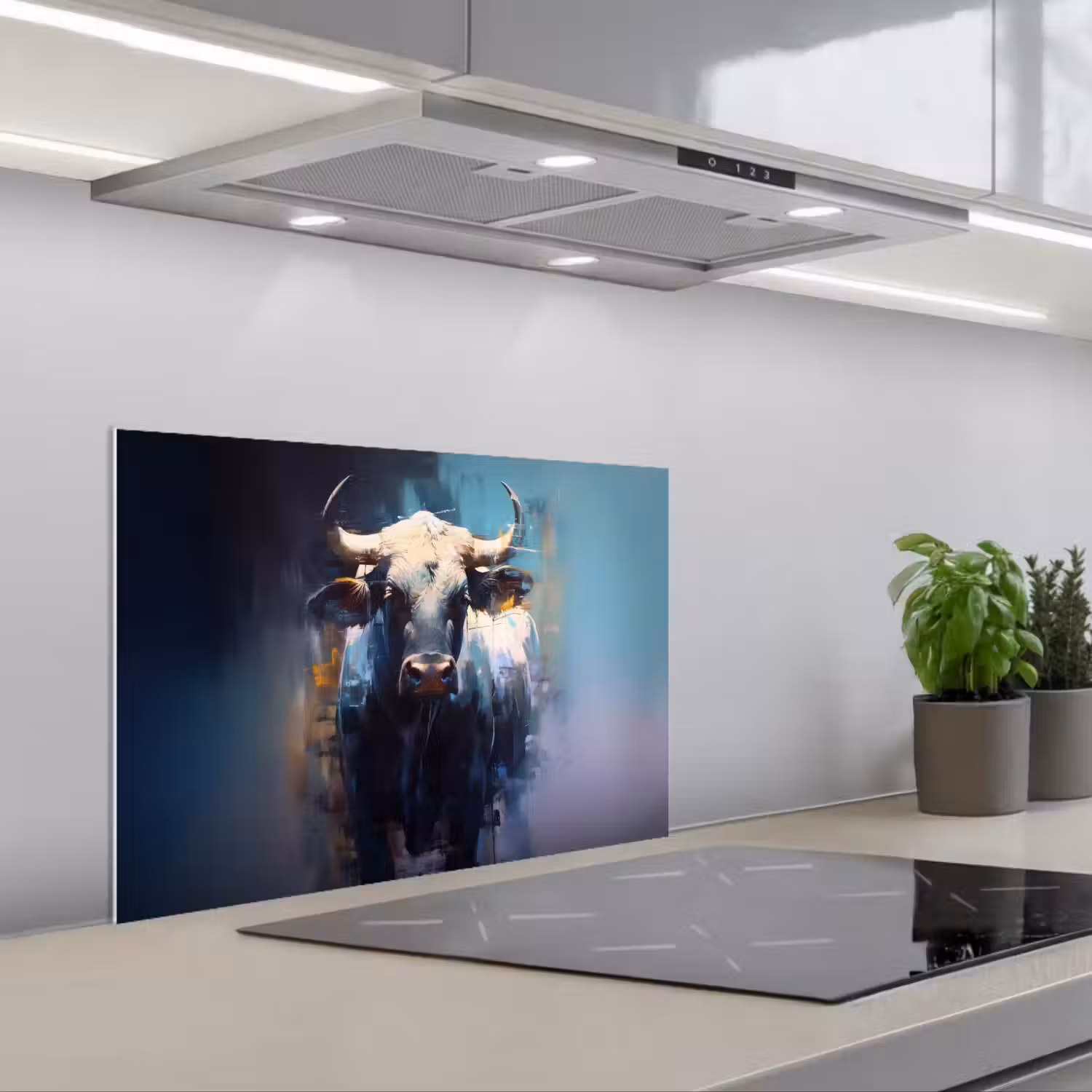 Stier - Zwart - Abstract - Horens keuken achterwand spatscherm klein -3d_schuin