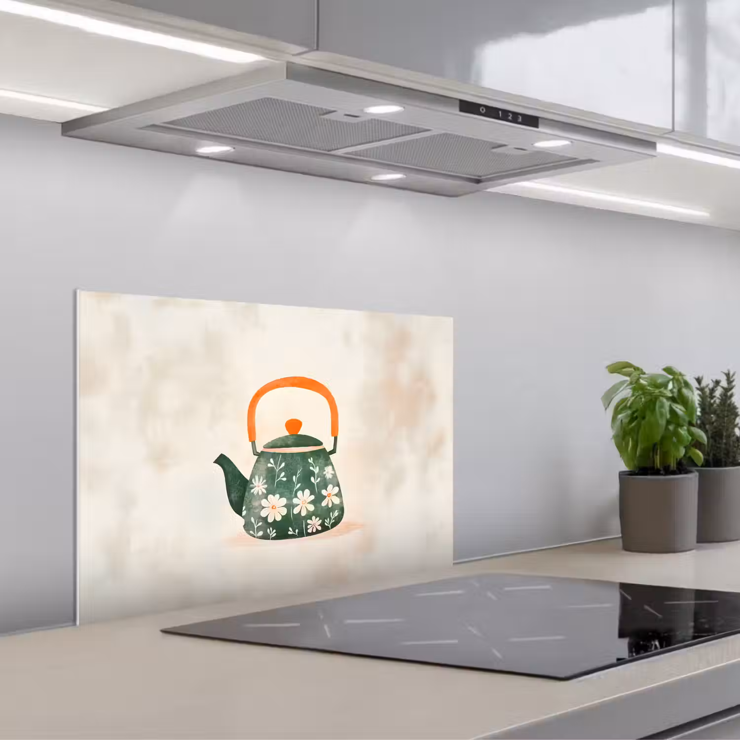 Theepot - Groen - Bloemen - Oranje keuken achterwand spatscherm klein -3d_schuin