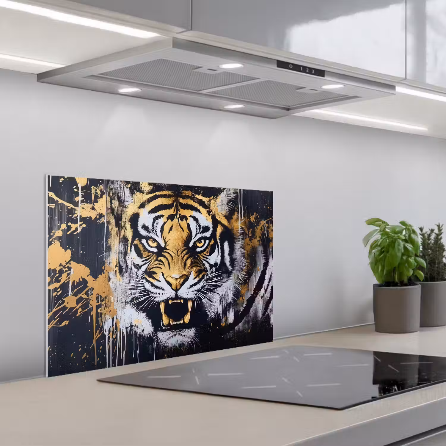 Tijger - Verfspatten - Goud keuken achterwand spatscherm klein -3d_schuin