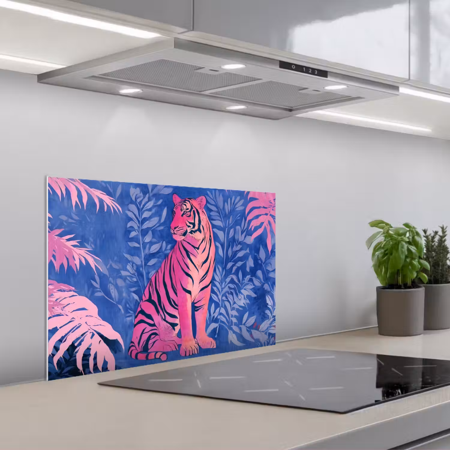 Tijger - Roze - Bladeren - Jungle keuken achterwand spatscherm klein -3d_schuin