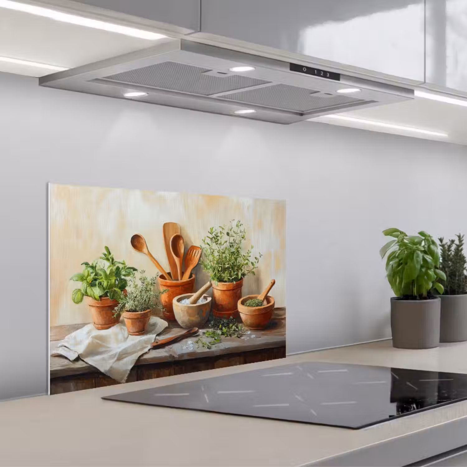 Potten - Kruiden - Hout keuken achterwand spatscherm klein -3d_schuin