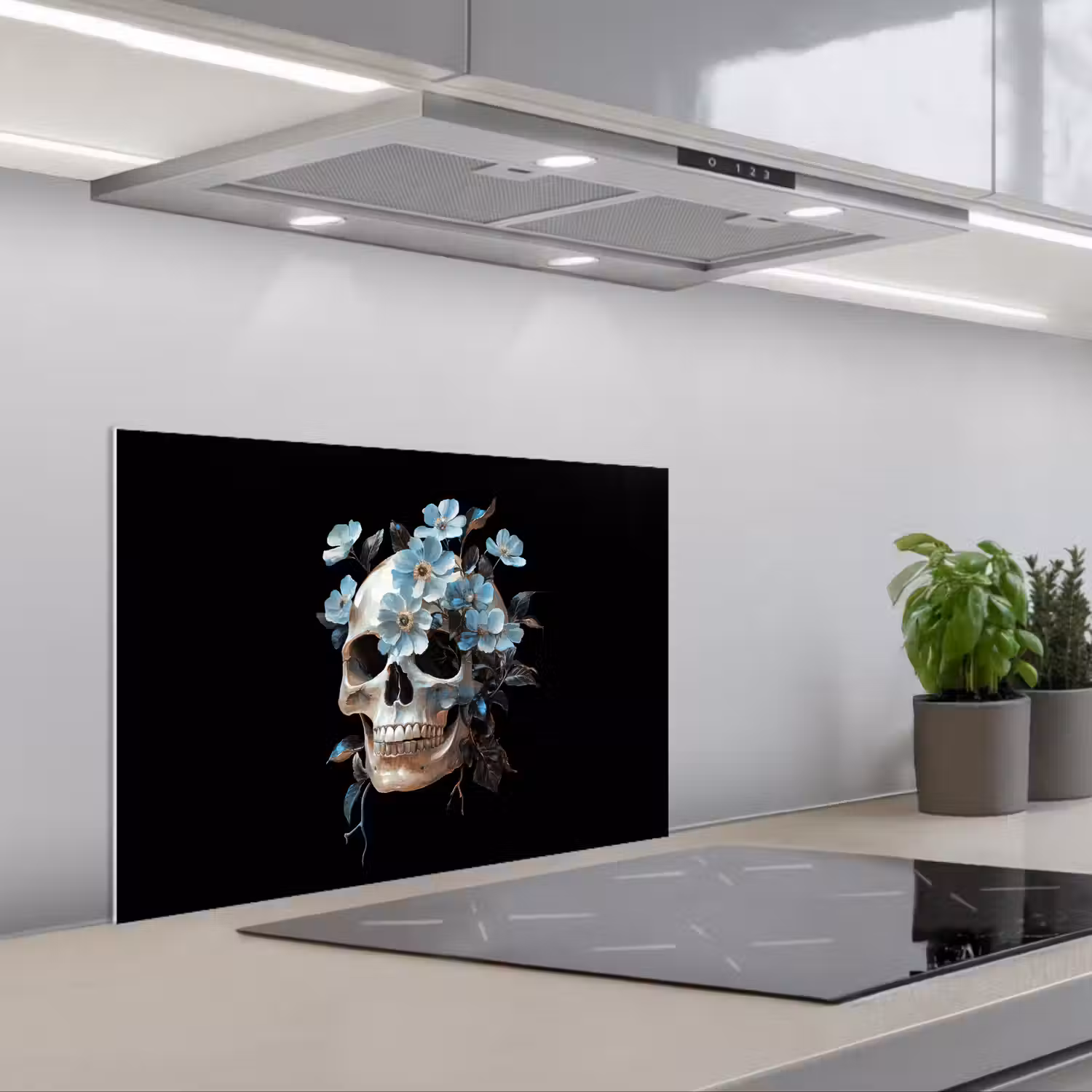 Schedel - Blauw - Bloemen - Bladeren keuken achterwand spatscherm klein -3d_schuin