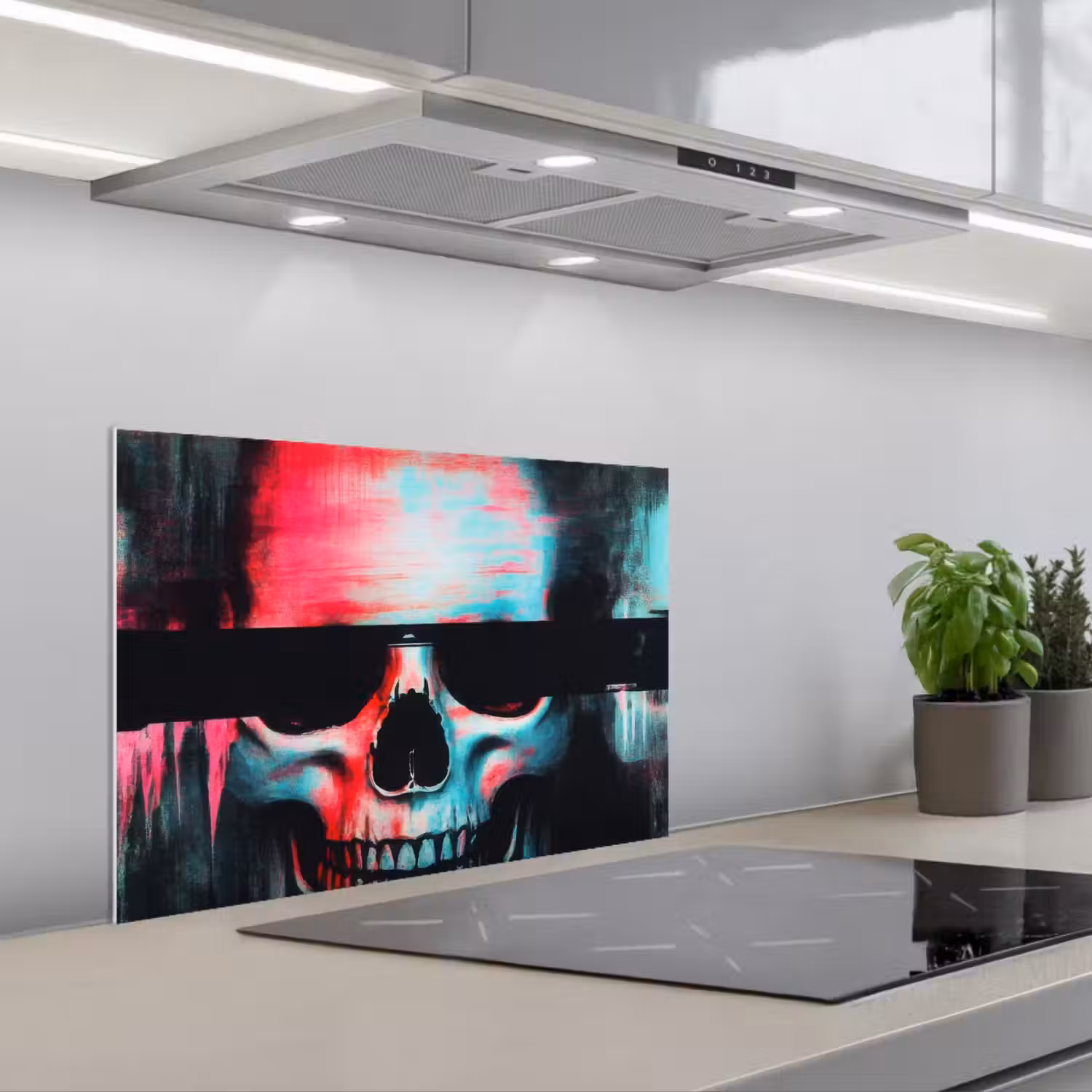 Schedels - Glitch - Cyberpunk keuken achterwand spatscherm klein -3d_schuin