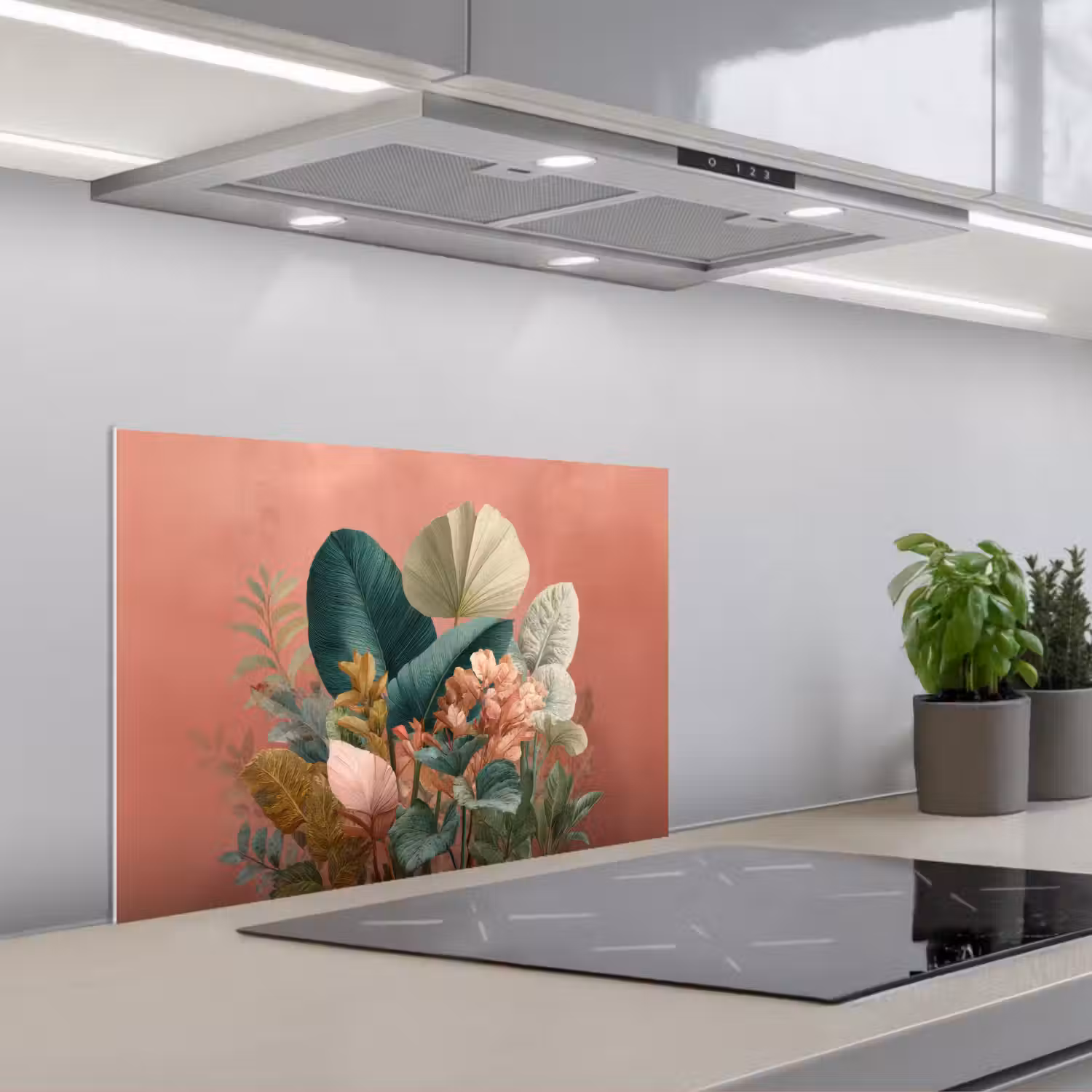 Tropische bladeren - Bloemen - Roze - groen keuken achterwand spatscherm klein -3d_schuin