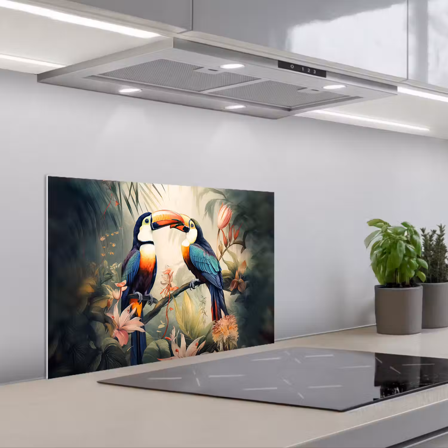 Toekan - Vogels - Bloemen - Natuur - Jungle keuken achterwand spatscherm klein -3d_schuin