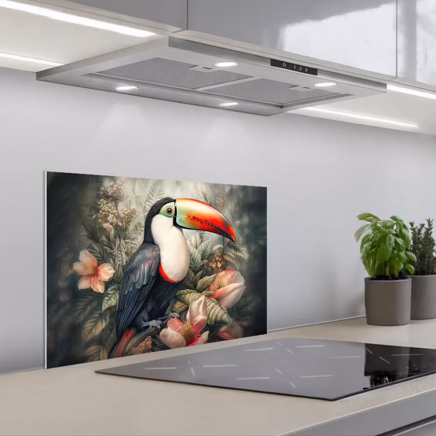 Toekan - Vogels - Bloemen - Planten - Tropisch keuken achterwand spatscherm klein -3d_schuin