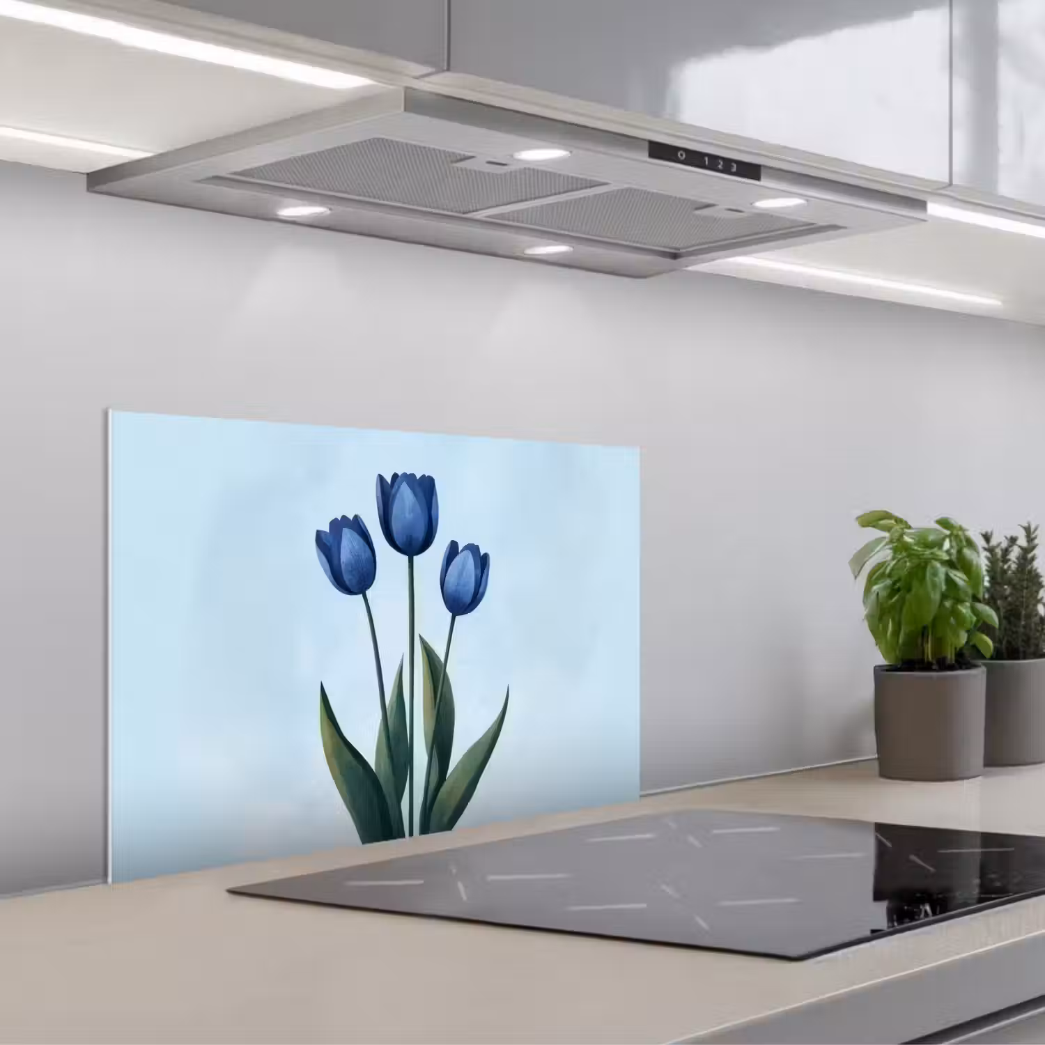 Tulpen - Blauw - Bladeren keuken achterwand spatscherm klein -3d_schuin