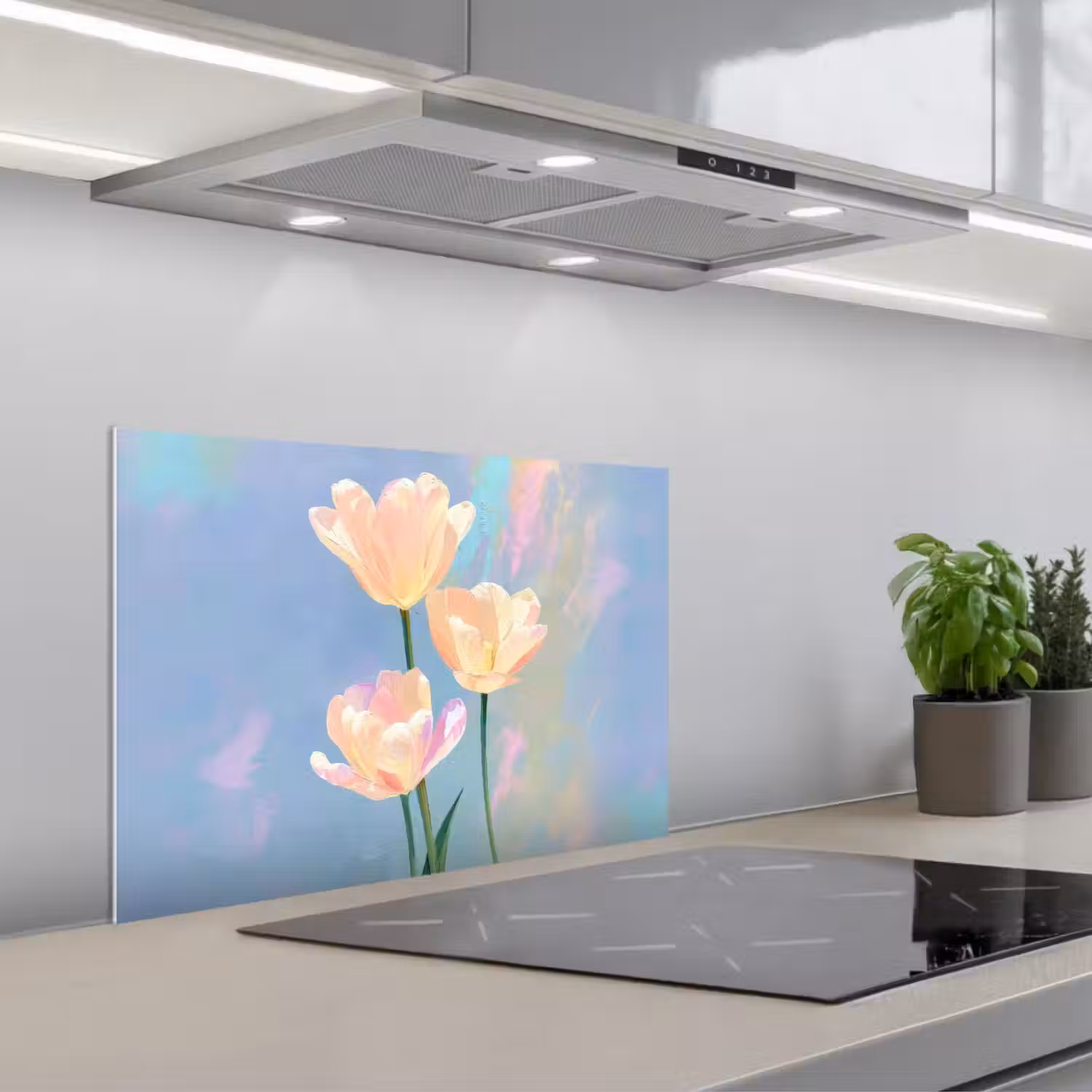 Tulpen - Roze accenten - Blauw keuken achterwand spatscherm klein -3d_schuin