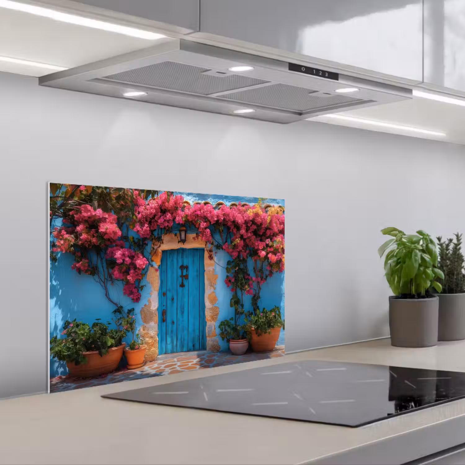 Deur - Hout - Bloemen - Blauw keuken achterwand spatscherm klein -3d_schuin