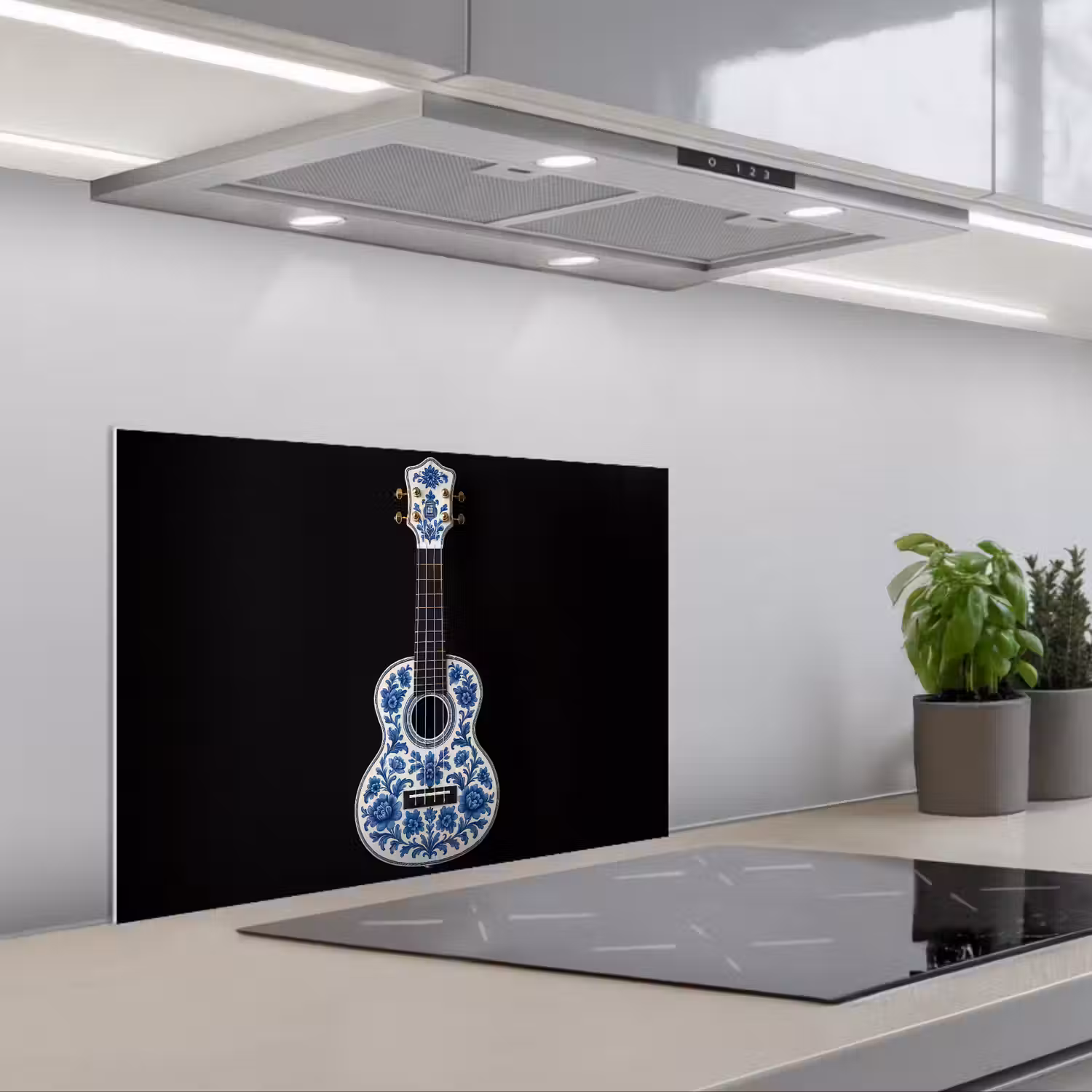 Ukelele - Delfts - Blauw - Muziek keuken achterwand spatscherm klein -3d_schuin