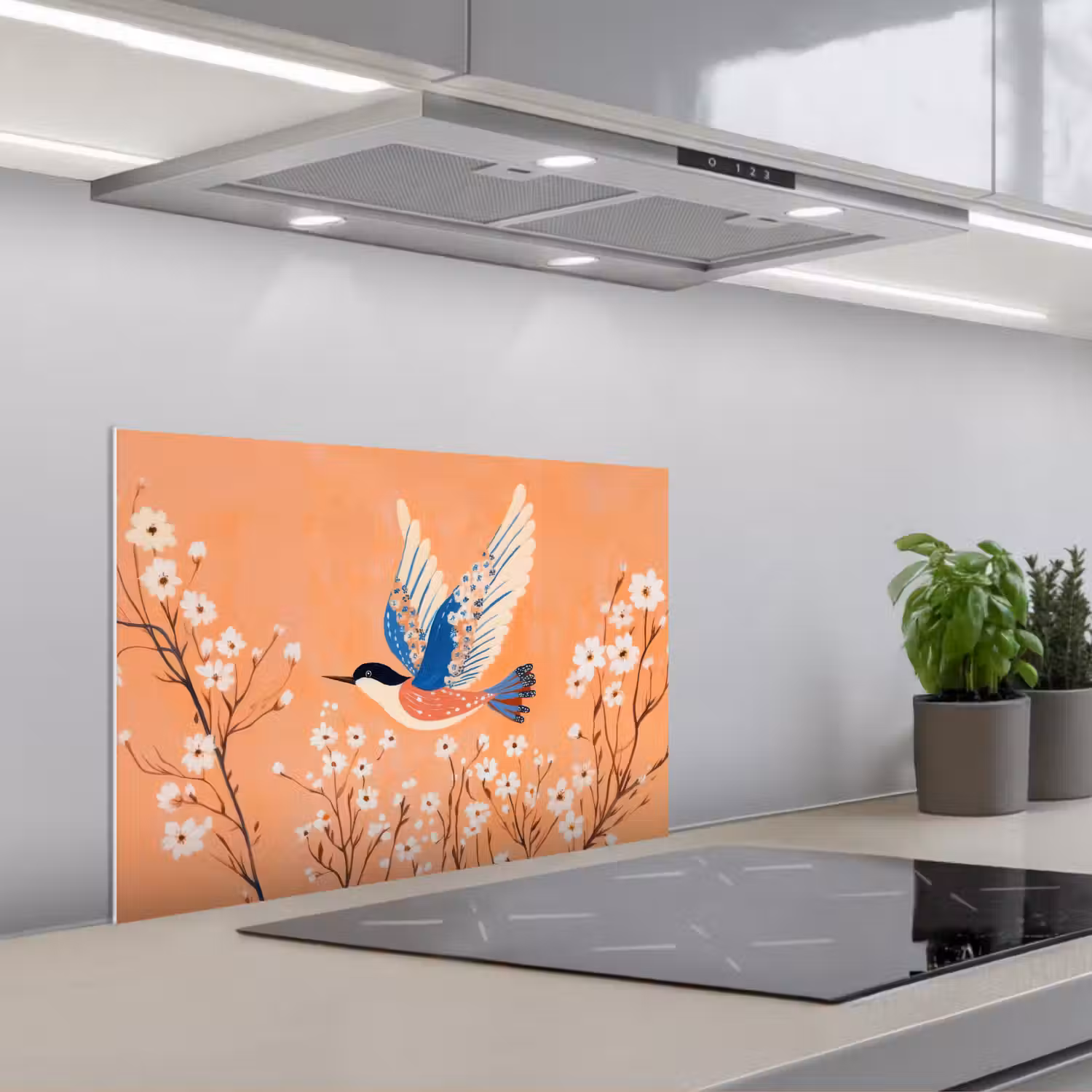 Vogel - Bloesemtakken - Warm - Kleurrijk keuken achterwand spatscherm klein -3d_schuin