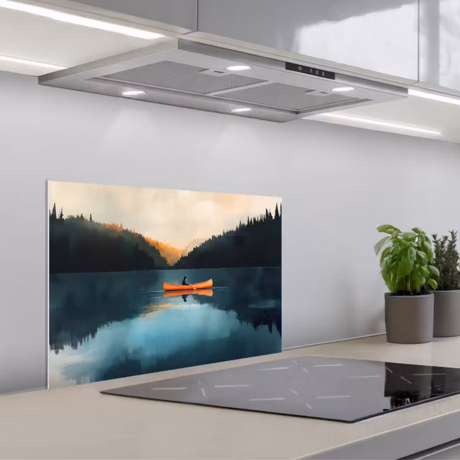 Bossen - Meer - Kano - Oranje keuken achterwand spatscherm klein -3d_schuin