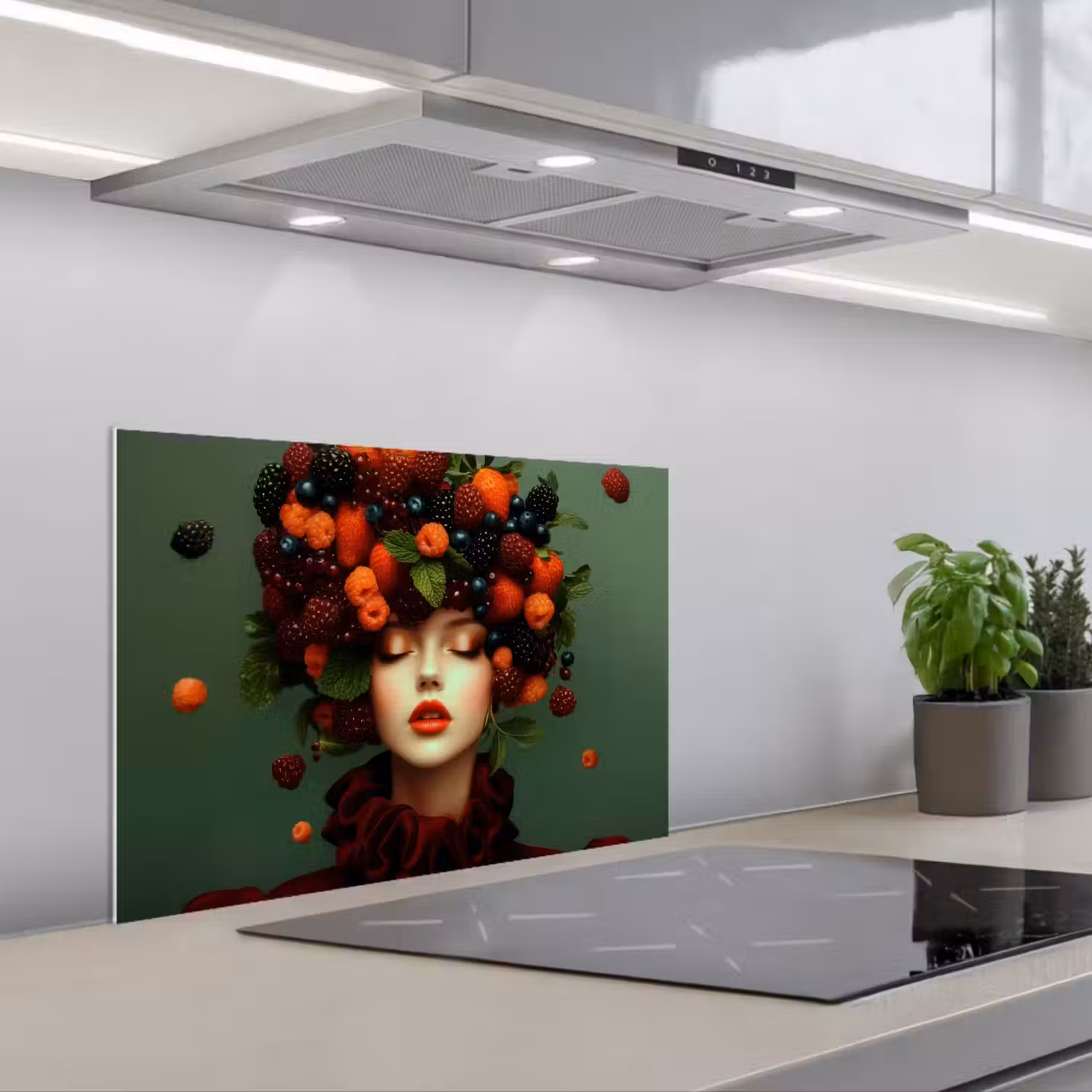 Vrouw - Aardbeien - Frambozen - Bramen - Bessen keuken achterwand spatscherm klein -3d_schuin