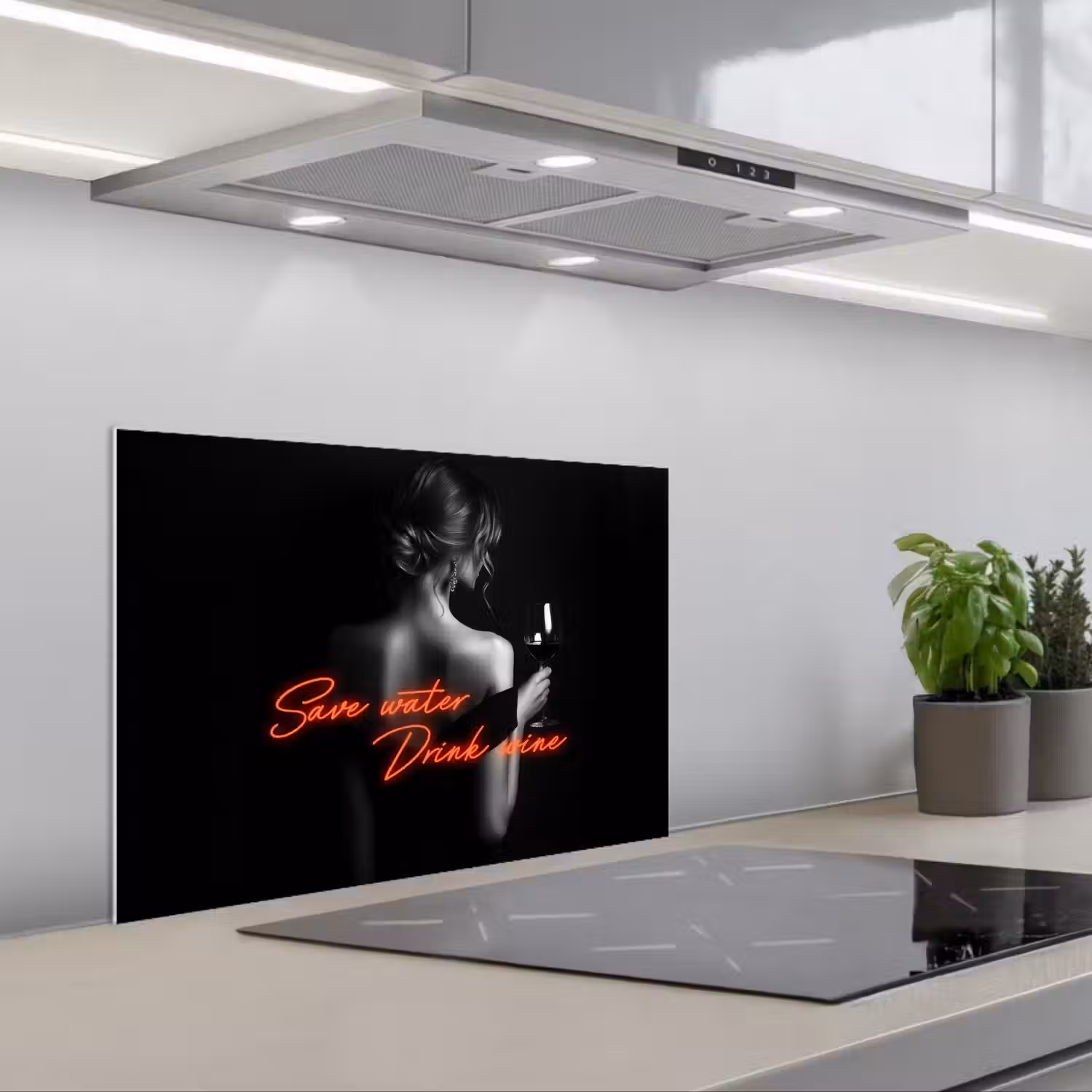Wijn - Vrouw - Neon - Quote keuken achterwand spatscherm klein -3d_schuin