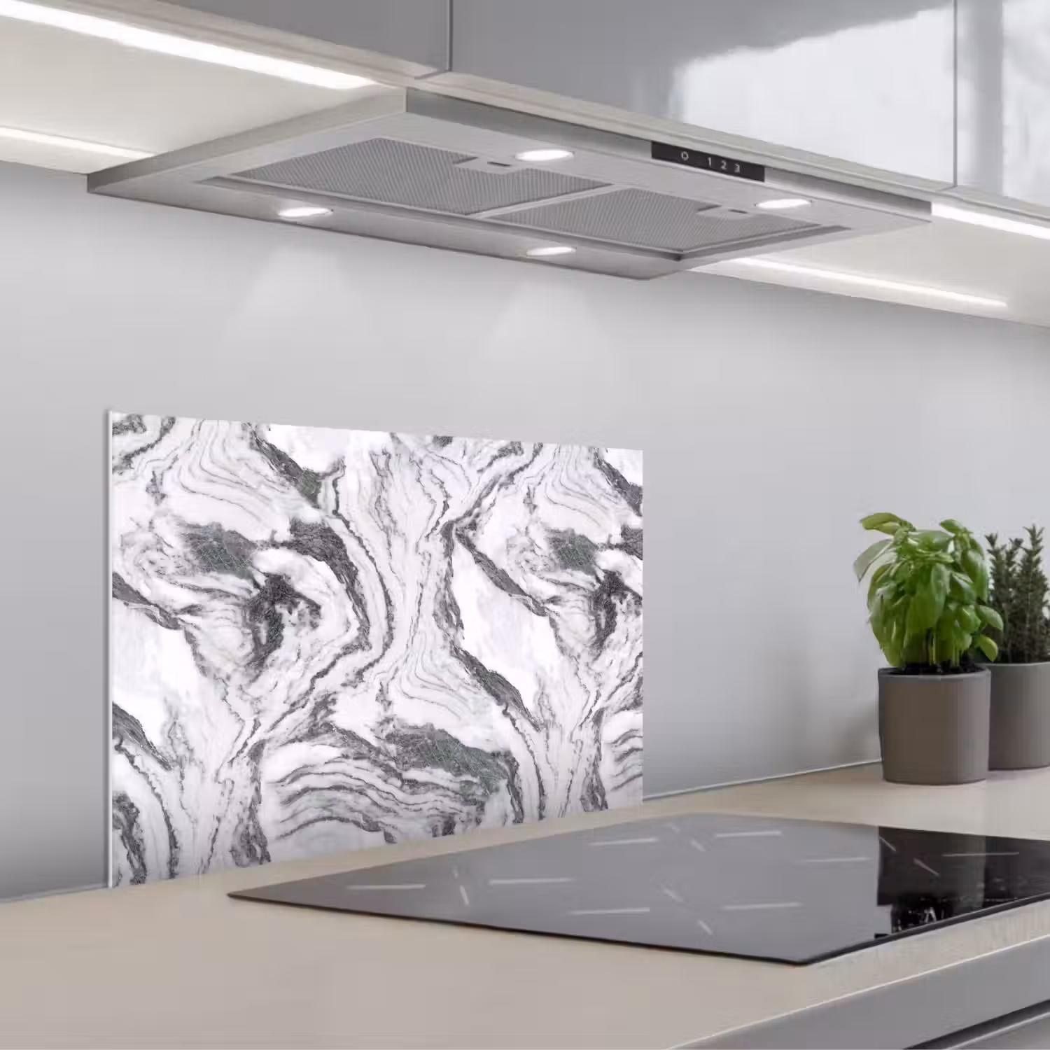 Wit - Marmer - Golvend - Grafiet keuken achterwand spatscherm klein 900 -3d_schuin