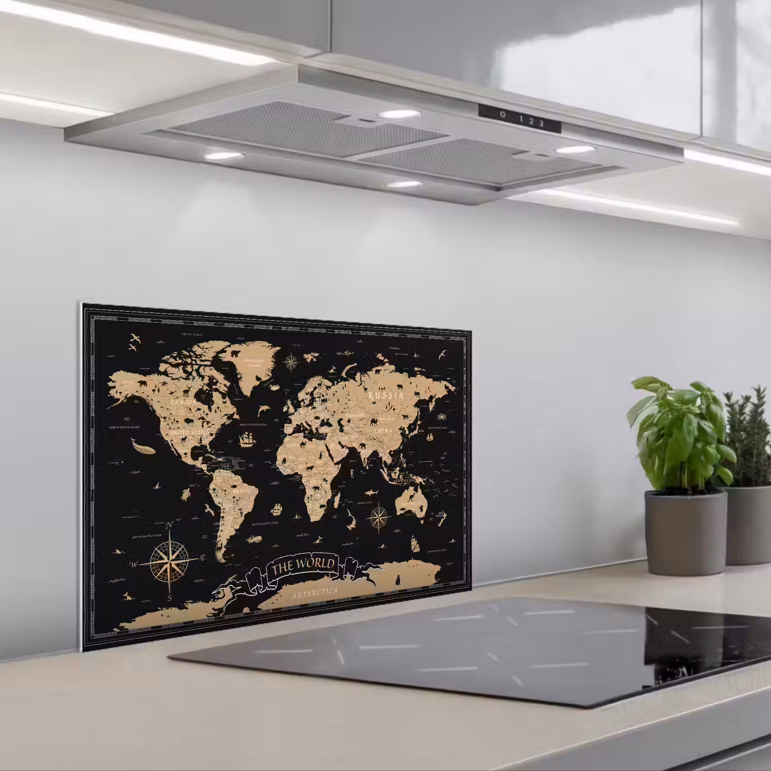 Wereldkaart - Beige - Zwart keuken achterwand spatscherm klein -3d_schuin