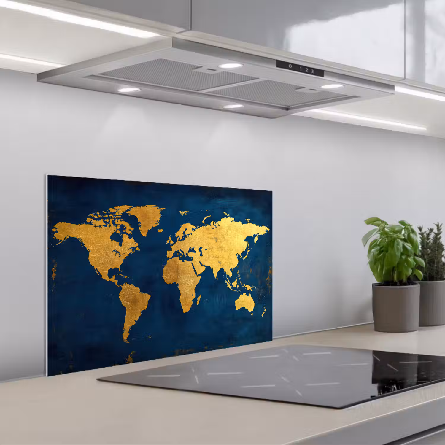 Wereldkaart - Goud - Donkerblauw keuken achterwand spatscherm klein -3d_schuin