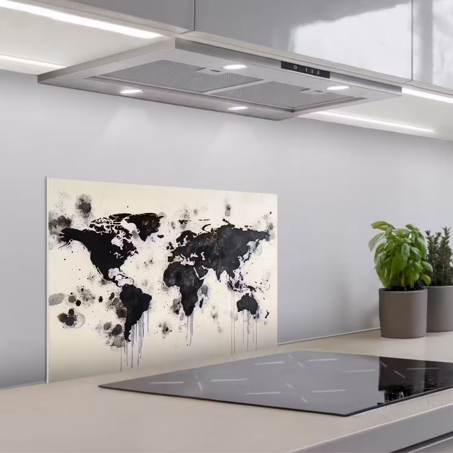 Wereldkaart - Zwart - Inkt keuken achterwand spatscherm klein -3d_schuin