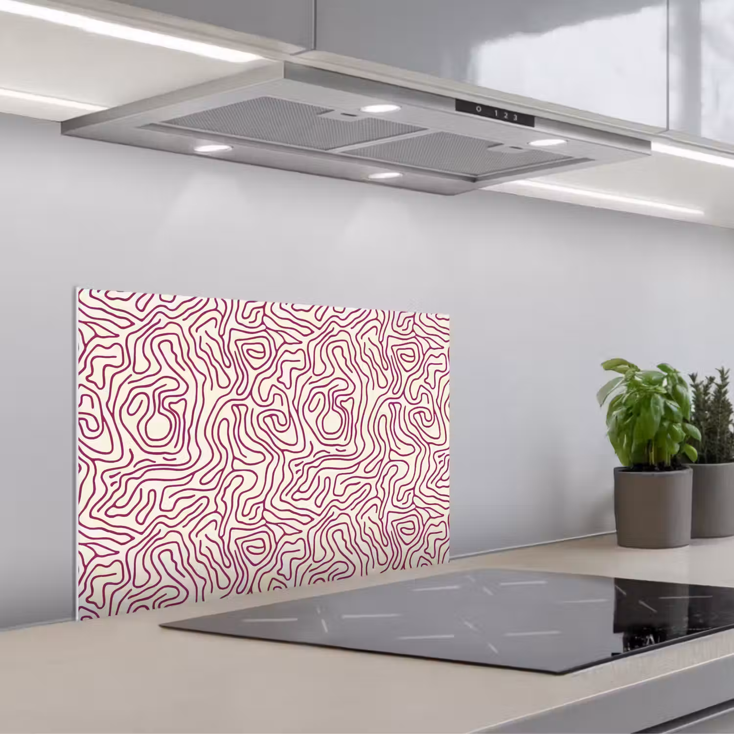 Kronkelende lijn - Magenta - Crème keuken achterwand spatscherm klein 900 -3d_schuin