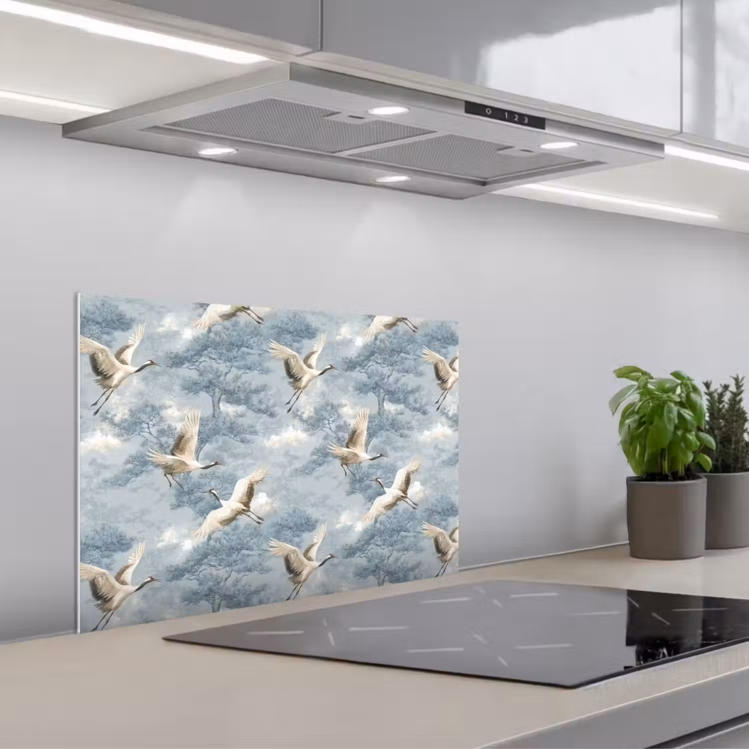 Wolken - Kraanvogels - Blauw keuken achterwand spatscherm klein 900 -3d_schuin