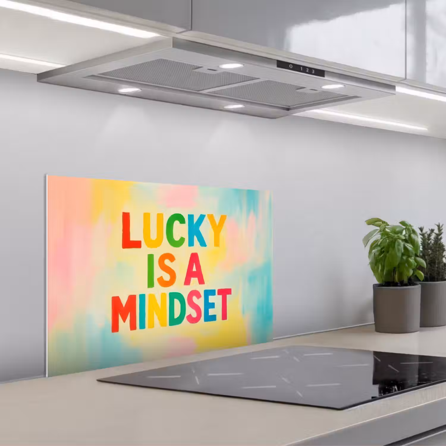 Quote - Lucky - Regenboogkleuren keuken achterwand spatscherm klein -3d_schuin