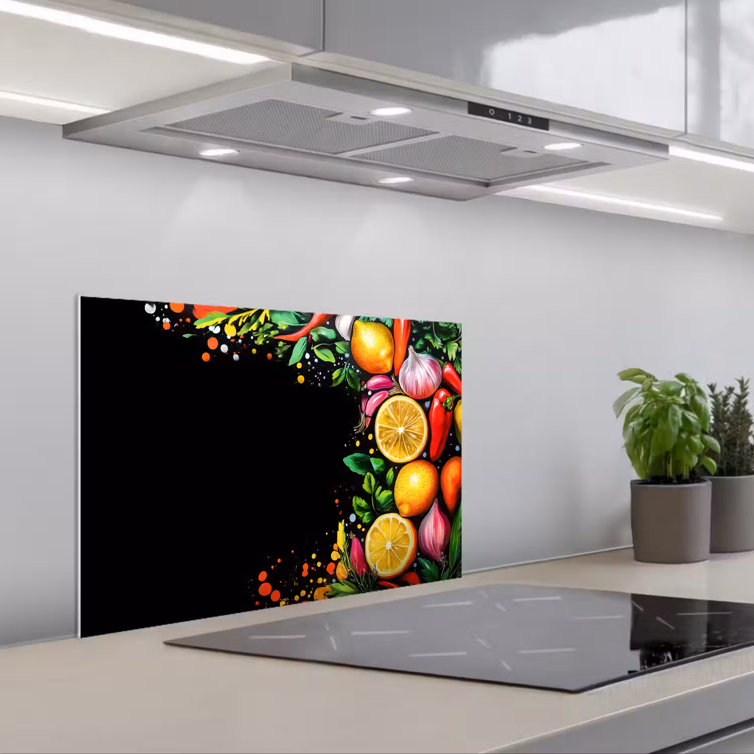 Citroenen - Peper - Kruiden - Graffiti - Verf - Abstract keuken achterwand spatscherm klein -3d_schuin