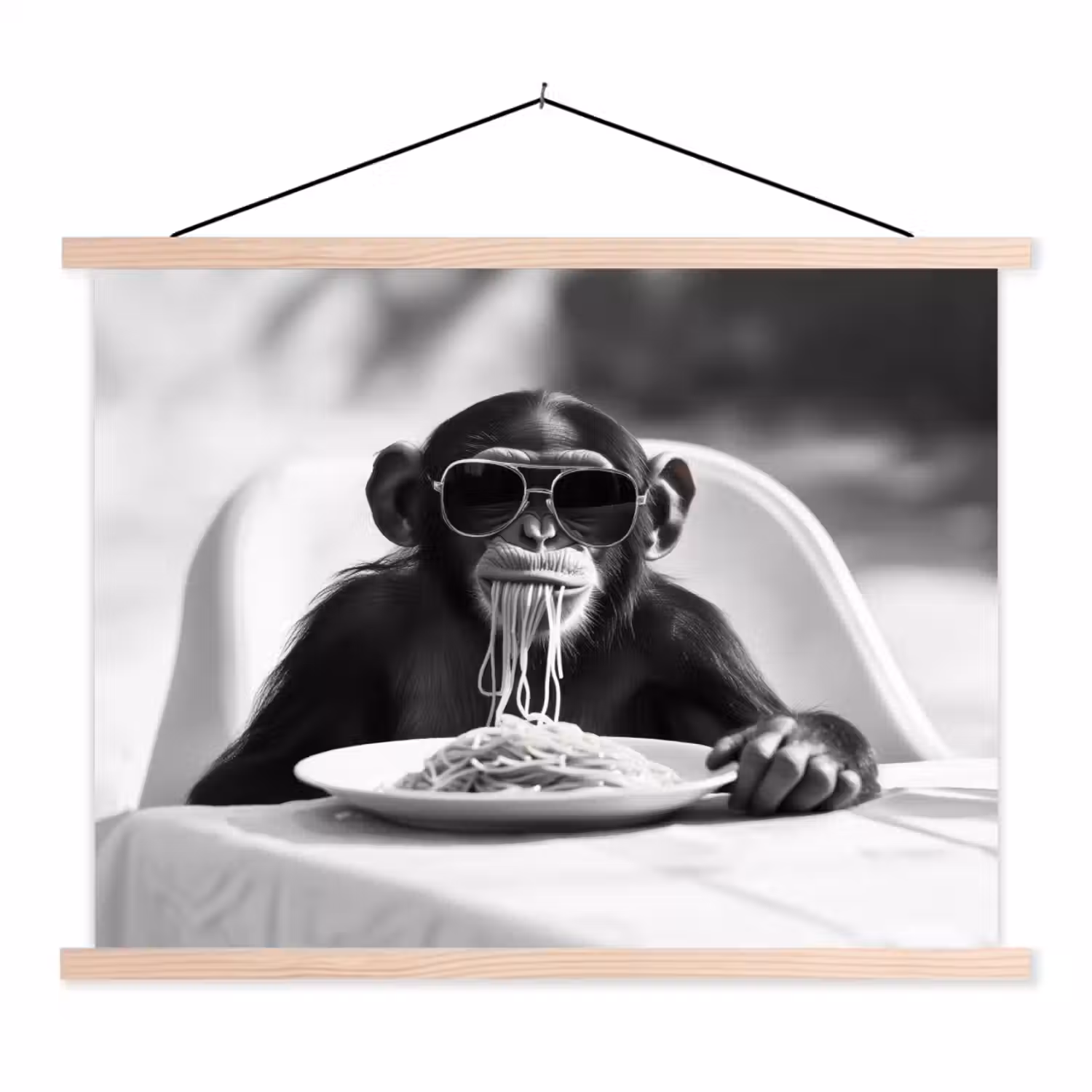 Aap - Spaghetti - Zonnebril - Zwart wit - Cool - Dier textielposter latten blank klein -3d