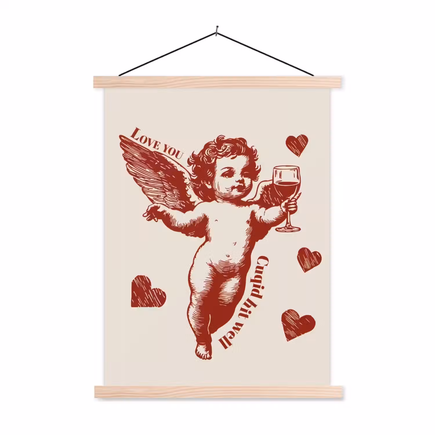Cupido - Hartjes - Rood - Klassiek textielposter latten blank klein -3d