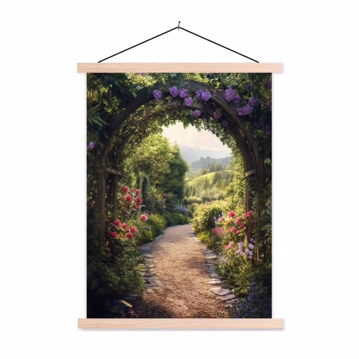 Doorkijk - Landschap - Bloemen - Tuinboog - Natuur textielposter latten blank klein -3d