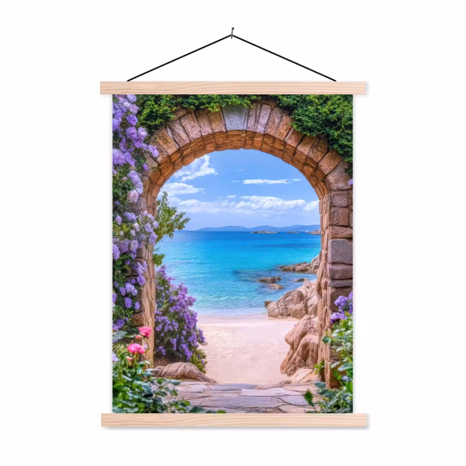 Doorkijk - Poort - Zee - Strand - Rotsen textielposter latten blank klein -3d