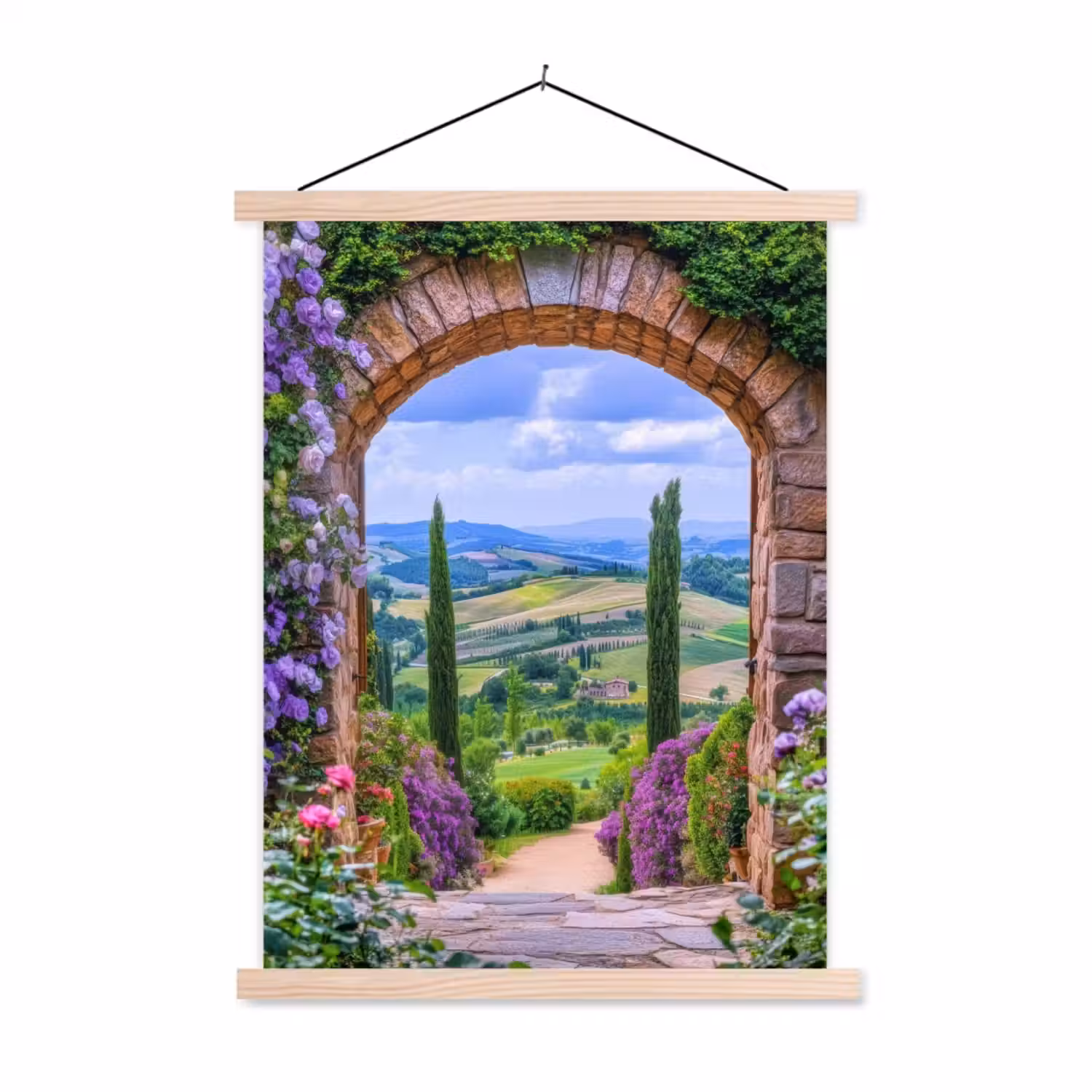 Doorkijk - Toscane - Landschap - Poort textielposter latten blank klein -3d