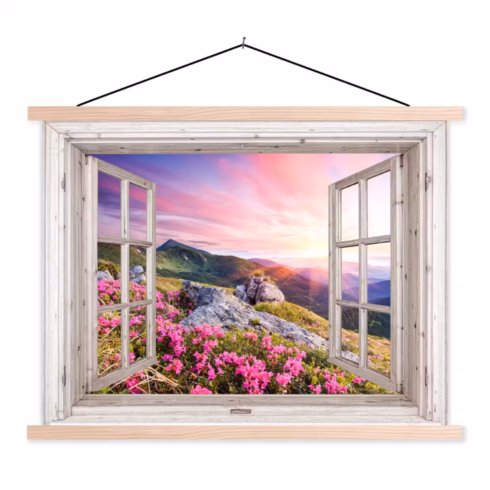 Bergen - Landschap - Doorkijk - Bloemen - Avond - Roze textielposter latten blank klein -3d