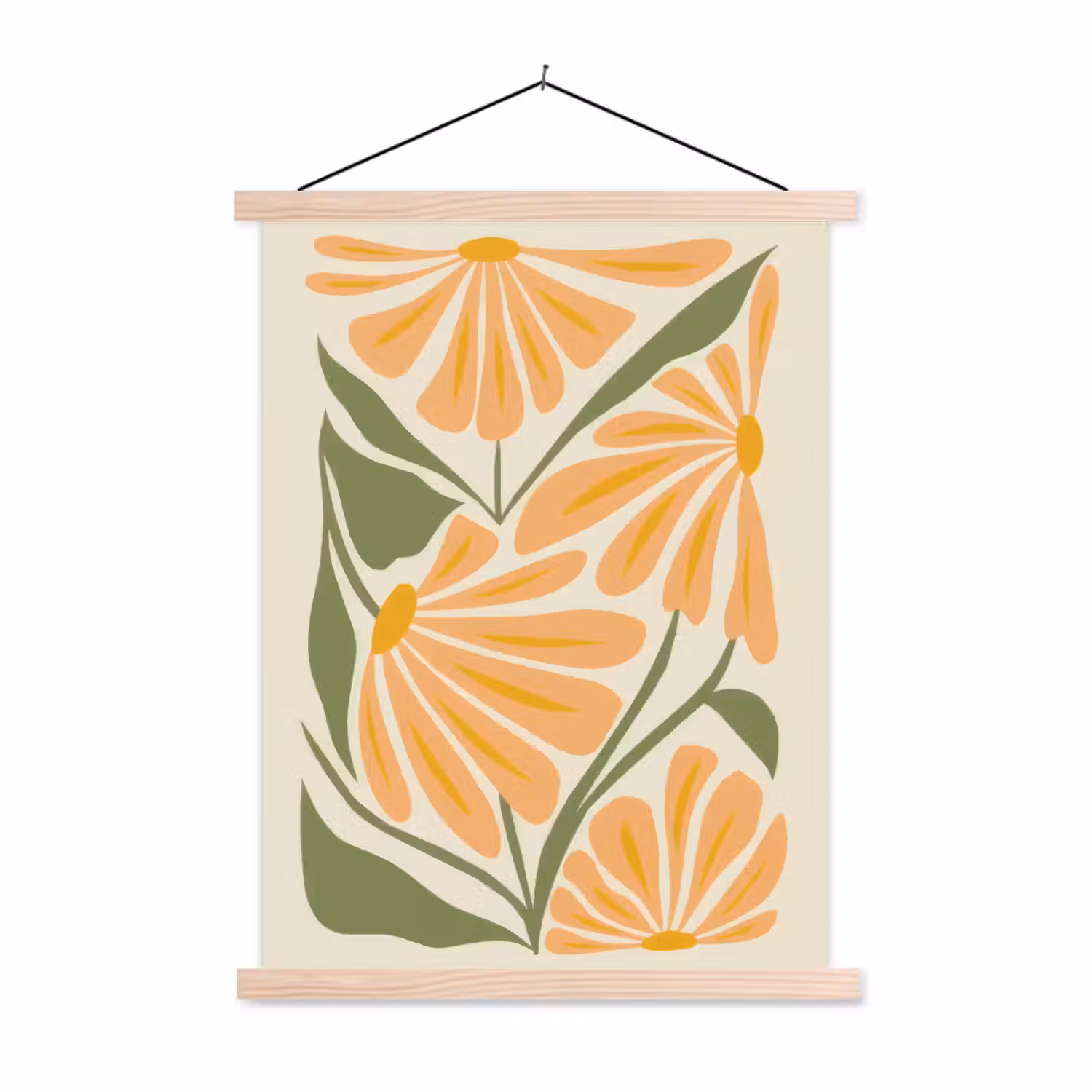 Blaadjes - Zachtoranje - Bloemen textielposter latten blank klein -3d