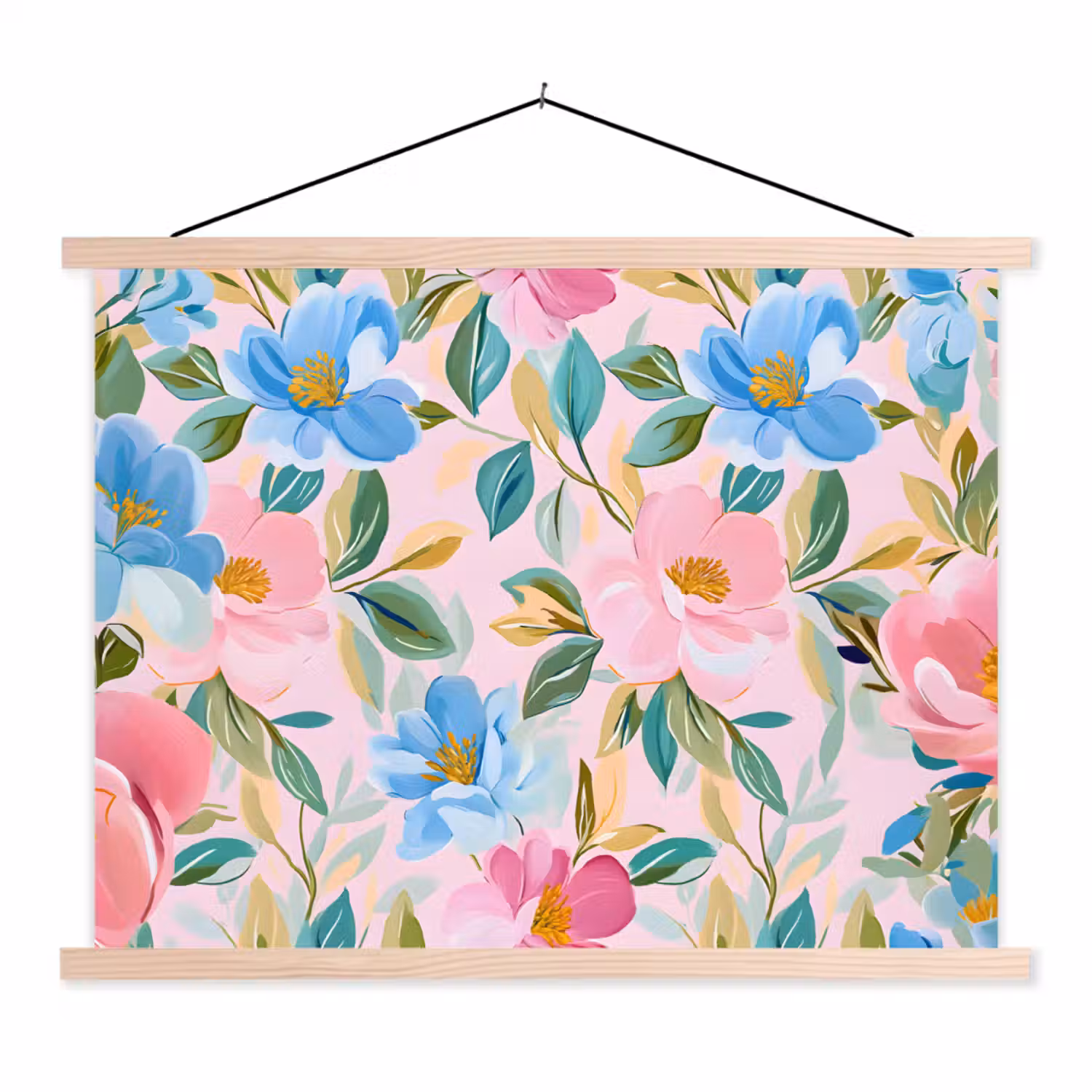 Blauw - Roze - Bloemen textielposter latten blank klein -3d