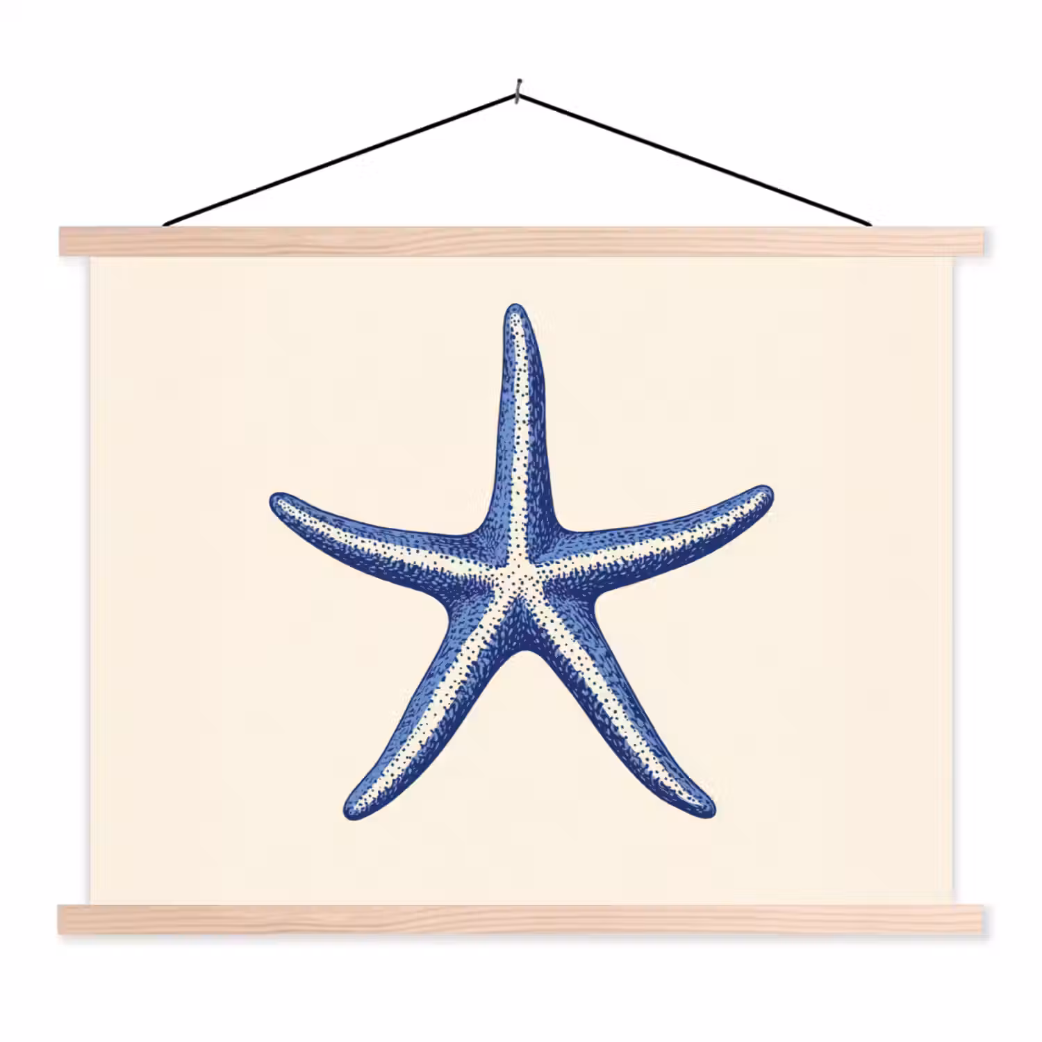 Blauwe zeester - Minimalistisch - Beige textielposter latten blank klein -3d
