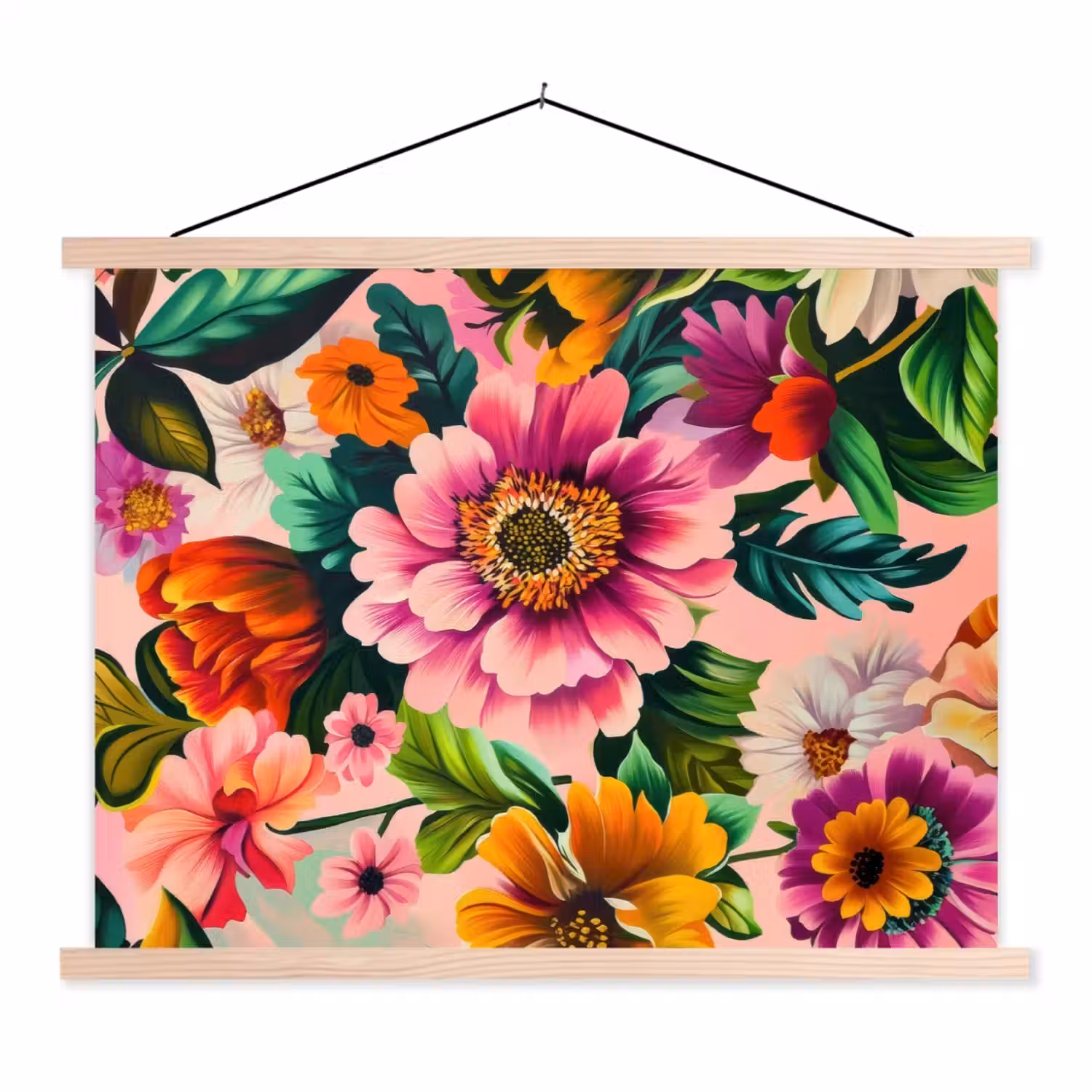 Bloemen - Kleurrijk - Roze textielposter latten blank klein -3d