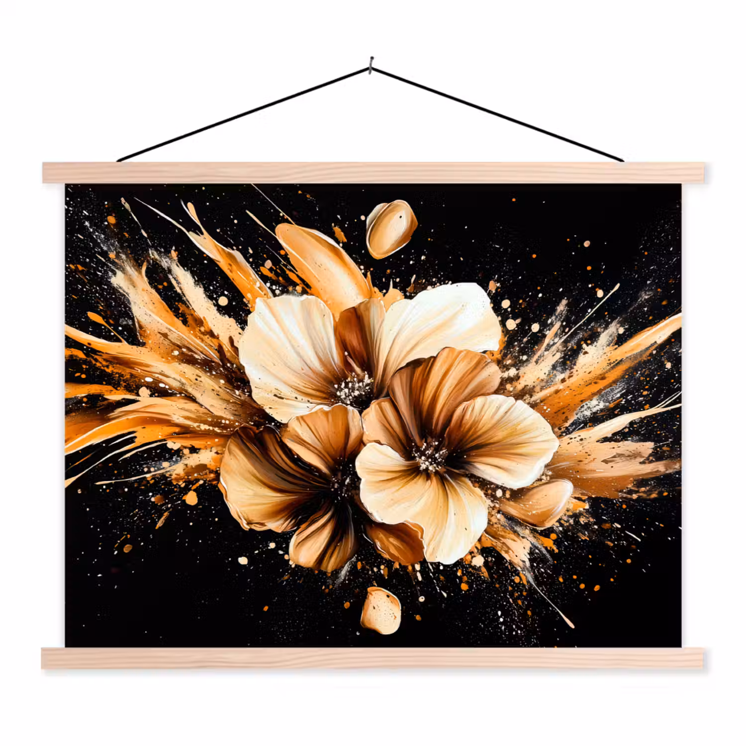 Bloemen - Goud - Graffiti - Zwart - Abstract textielposter latten blank klein -3d