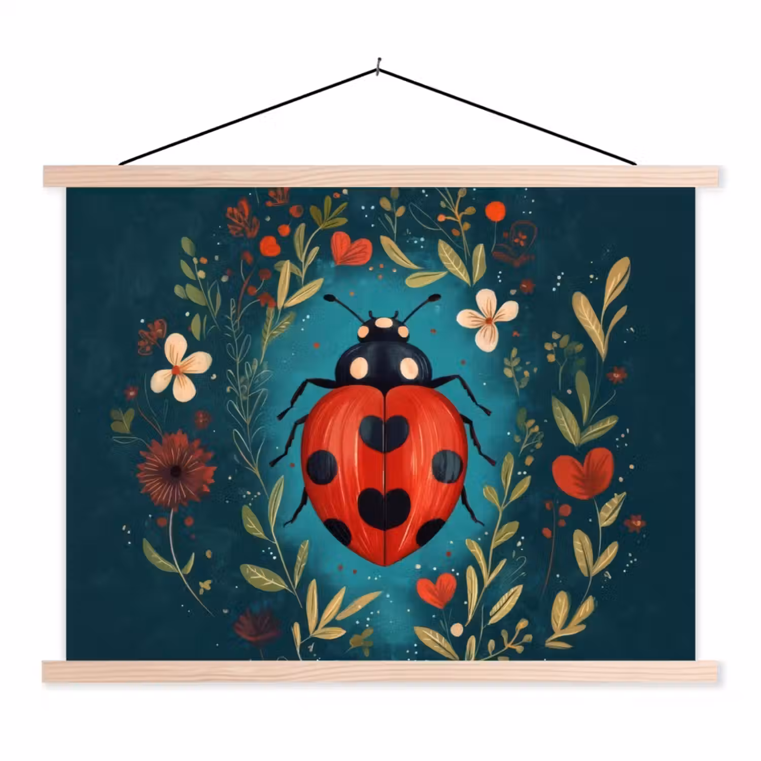 Bloemen - Lieveheersbeestje - Hartje - Rood textielposter latten blank klein -3d
